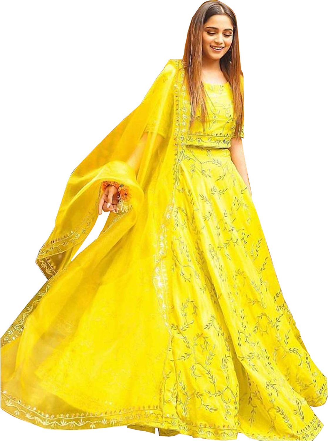 BRIDAL4FashionWomen's Silk Semi stitched Lehenga Choli (Nentara BF Yellow_Yellow_Free Size)