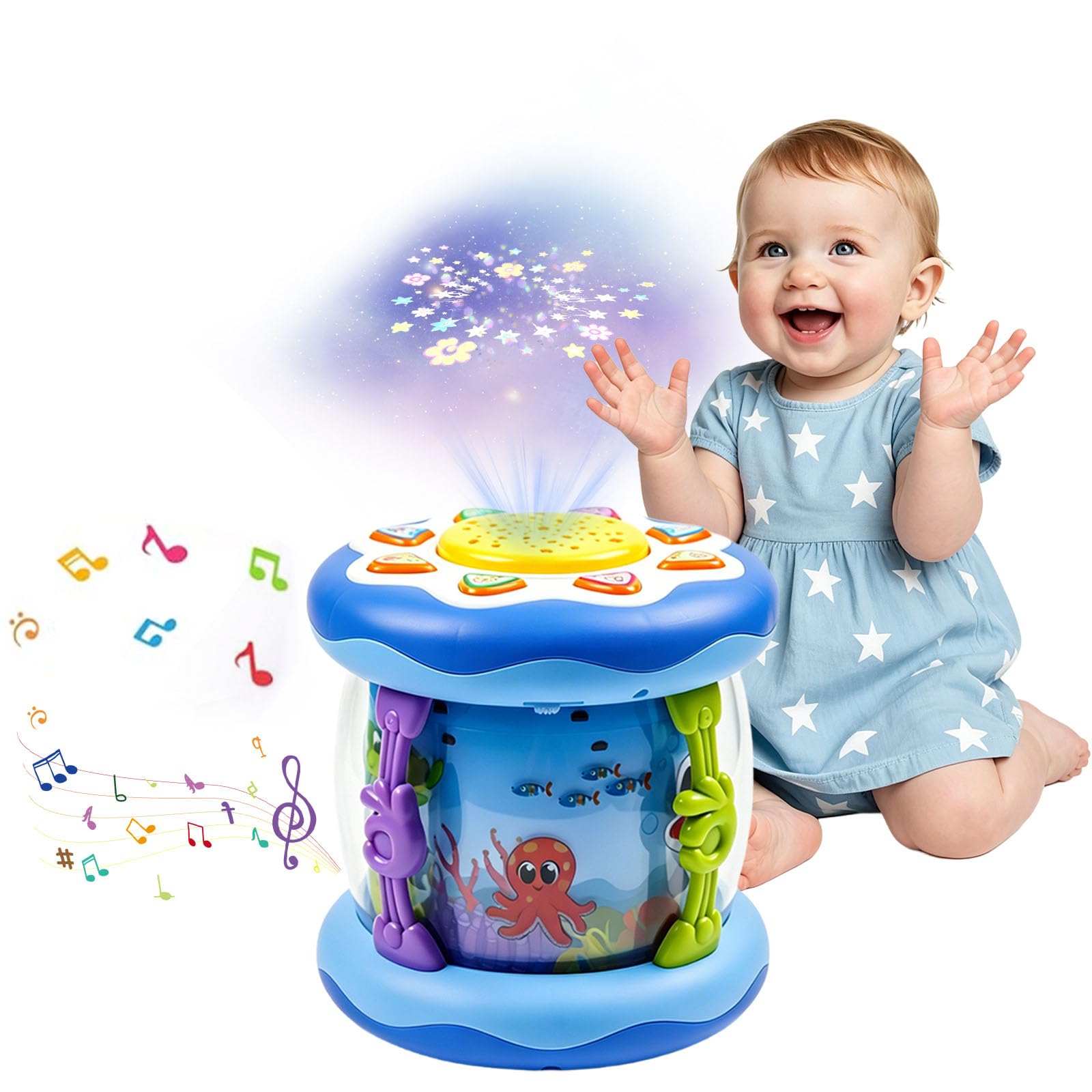 Woollywink Musical Toys for Babies from 12 m +, Toy for Babies 1 Year with Music and Colorful Lights, Rotatable Activity Cube with Sea Motifs Gift for Boys Girls(Blue)