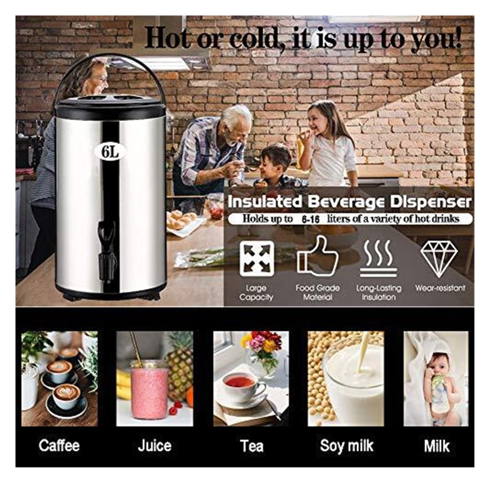 Dispensador de Agua Caliente, Termo para Bebidas Acero Inoxidable 304 con Grifo, 6-20L Capacidad para Café, Té, Sopa - Uso Profesional (Catering, Oficina, Fiestas)