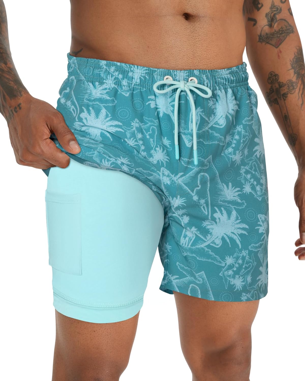 BOJIN Mens Swim Trunks with Compression Liner 5.5 Inch Inseam Bathing Suits Beach Board Shorts with Zipper Pockets