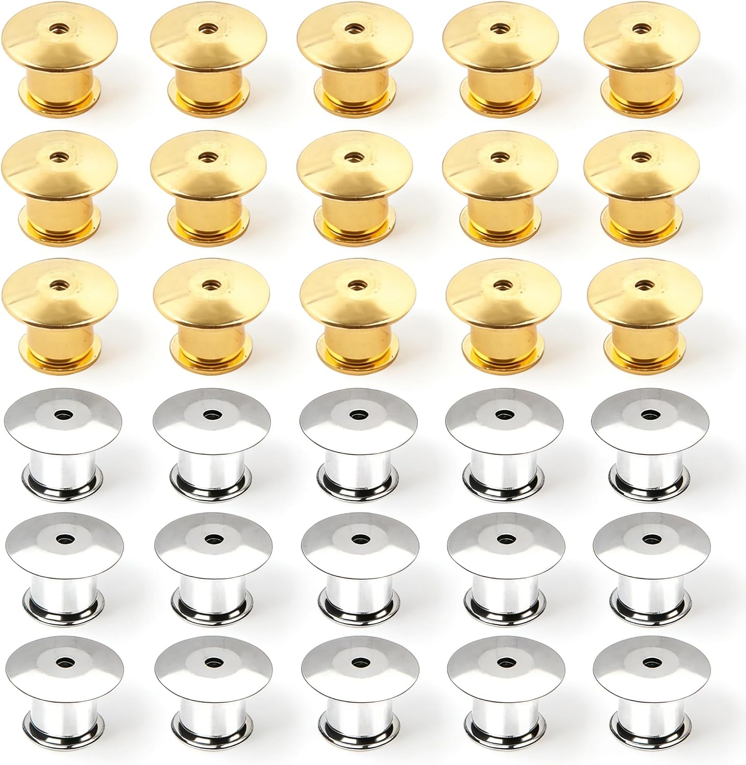 Locking Pin Backs for Enamel Pins, Dual-Color Strong Grip Spring Mechanism, Anti-Drop Clasps to Prevent Loss on Thick Fabric and Backpacks, Copper Alloy, 1cm Flat Top, 30 Pieces (15 Gold, 15 Silver)
