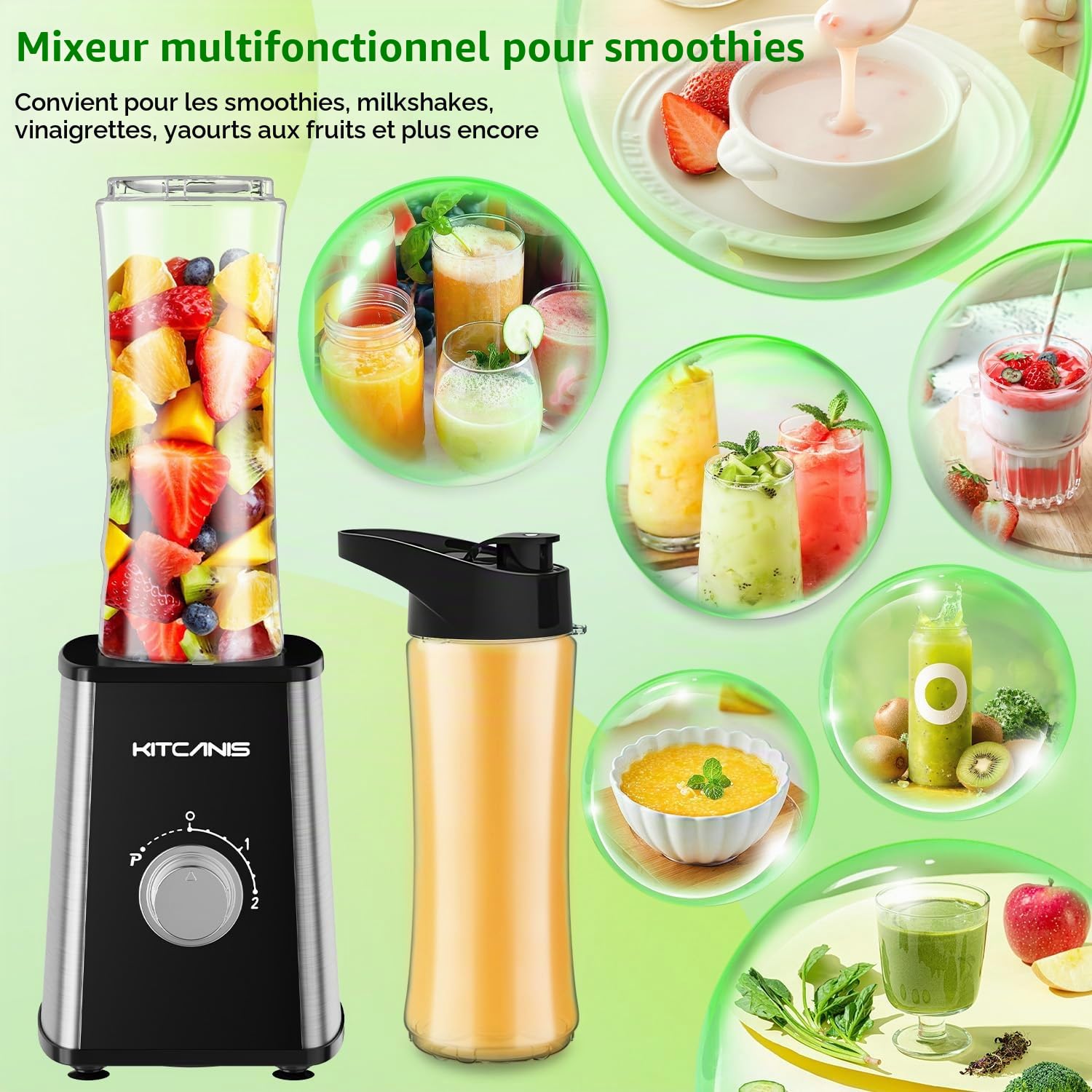 KITCANIS Mini Smoothie Maker 3 en 1, Mixeur électrique 800W, 3 vitesses réglables 2 bouteilles portables de 600 ml et 300 ml tasse de broyage pour glace, fruits, légumes, noix