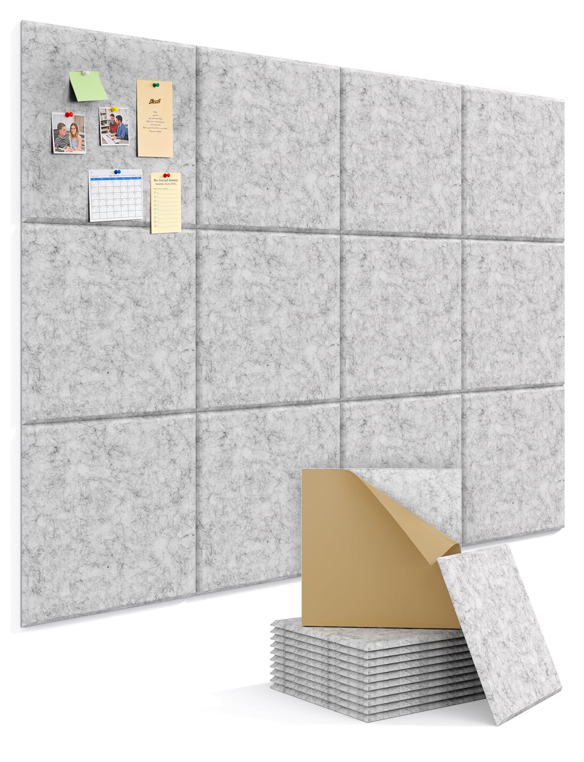 Kuchoow Cork Pin Board Large 120 x 90 cm Felt Notice Pinboard for Office Walls & Home, 12 Pack Grey Self Adhesive Decorative Bulletin Mood Board Corkboard for for Bedroom, Display, Memo, Photo