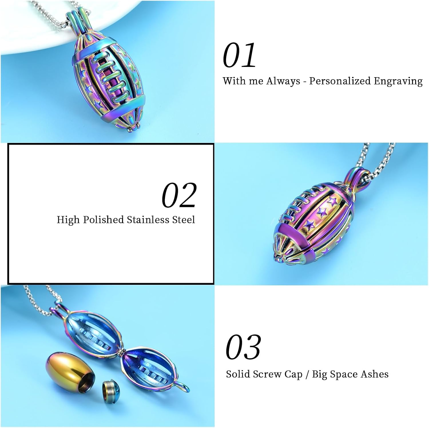 Oinsi American Football Cremation Locket Necklace For Ashes Of Loved Ones Stainless Steel Memorial Urn Jewelry Women Men Keepsake Fashion Necklace - Image 4