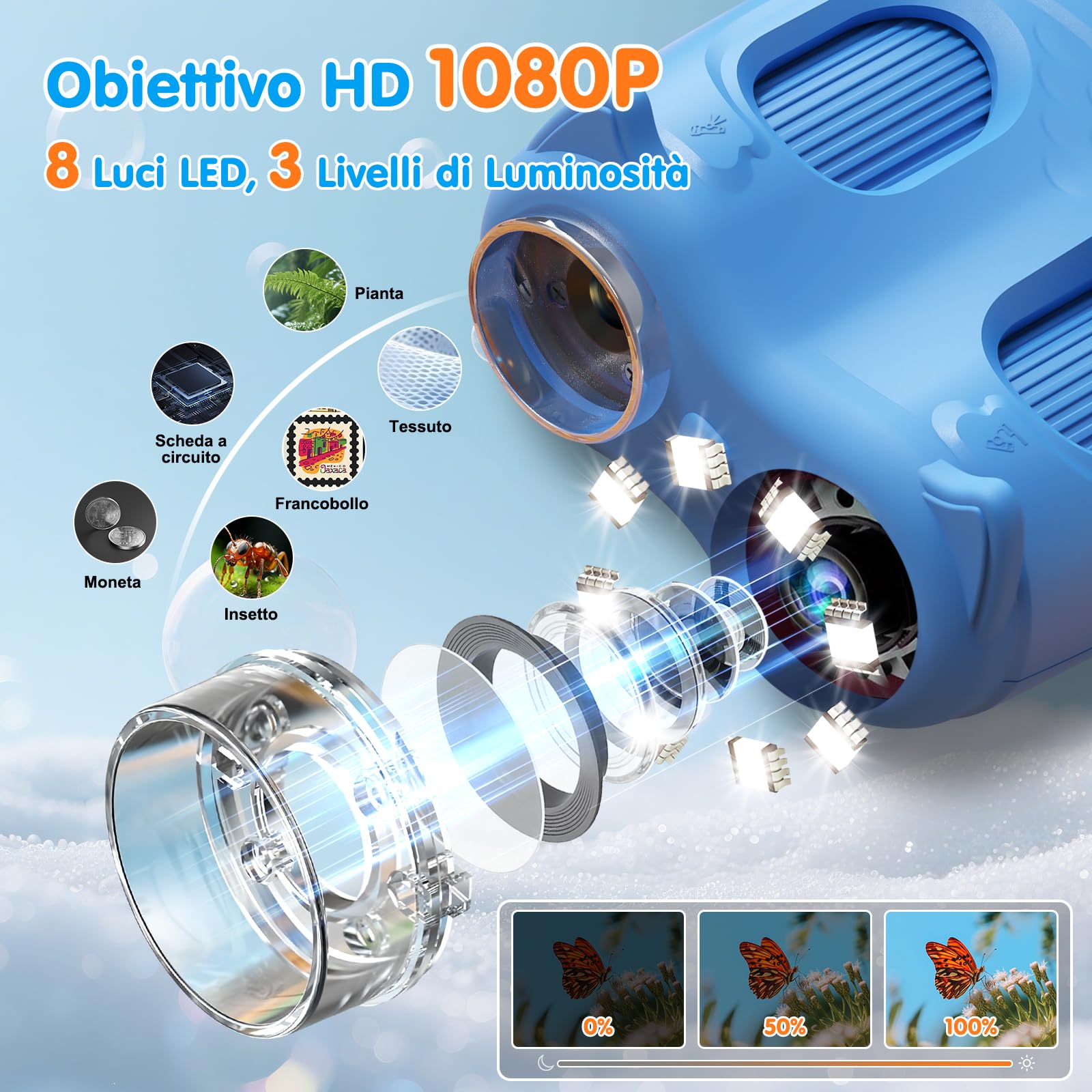 2 in 1 Microscopio Bambini e Telescopio, Microscopio Digitale Bambini con Scheda 32GB, 1000X Microscopio Portatile con Schermo IPS da 2,0 Pollici e 8 Luci LED, Regalo per Bambini dai 3 Anni
