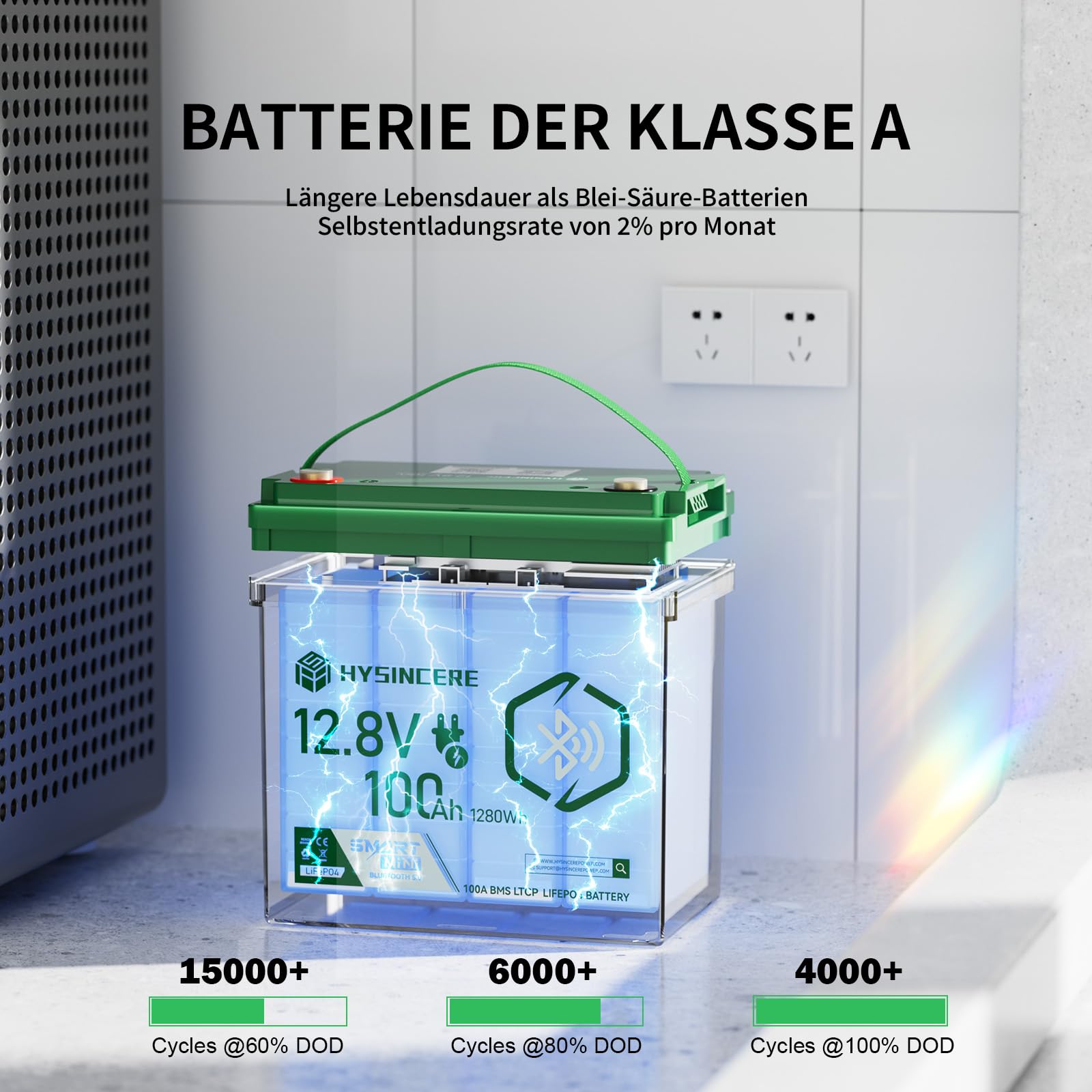 Batería LiFePO4 12V 100Ah con Bluetooth, BMS de 100A Integrado, IP67 Impermeable, hasta 15000 Ciclos, Batería de Ciclo Profundo de Litio para Autocaravana, Solar y Marina