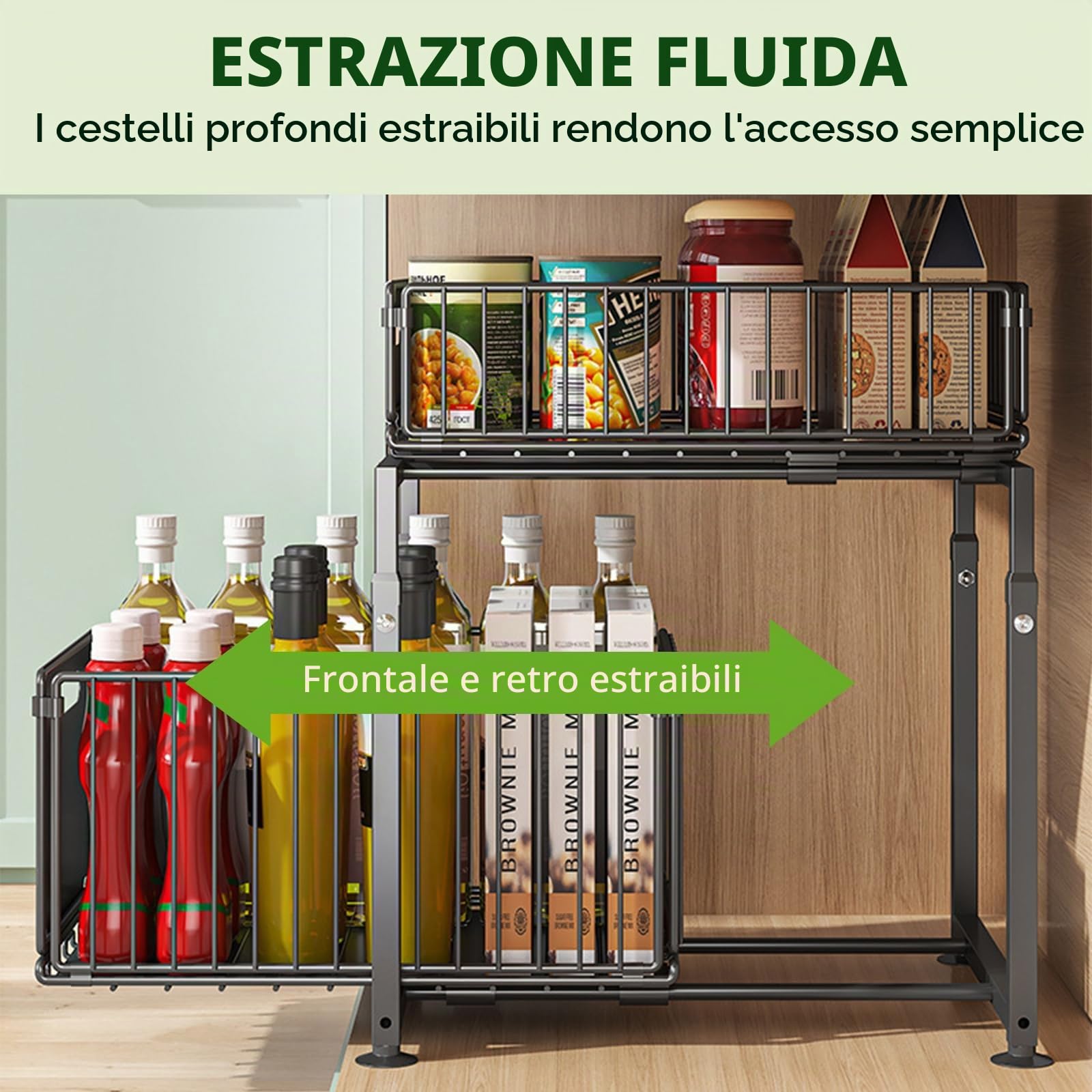 Armadio portaoggetti da cucina a doppio strato in metallo | Cassetto telescopico estraibile, cassetto estraibile da cucina, in metallo, Per mobili da cucina, 37,5 x 29 x 41-49 cm