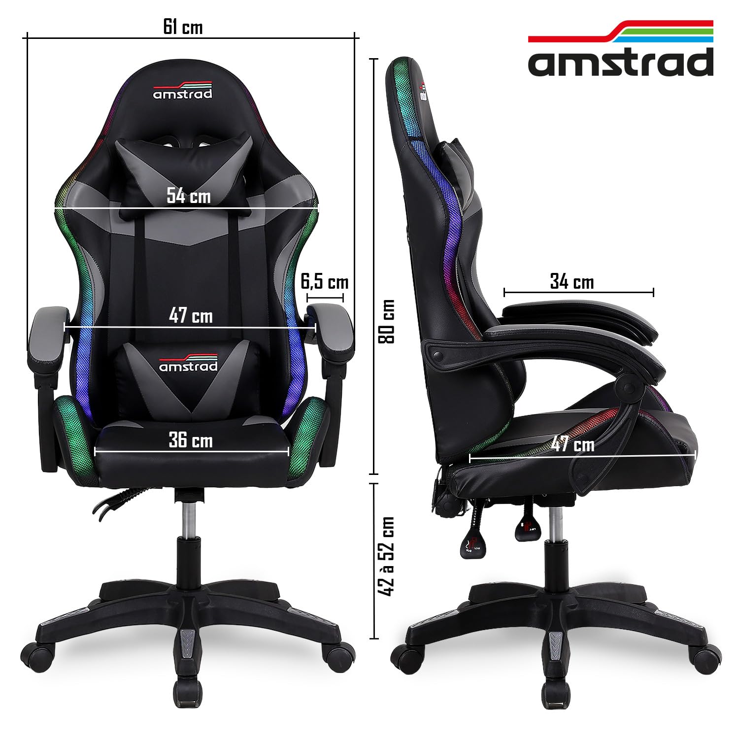 Amstrad AMS-900-LED-CRAFTER - Fauteuil Gaming Noir et Gris - Serigraphie Crafter - Eclairage LED 366 Effets - Télécommande