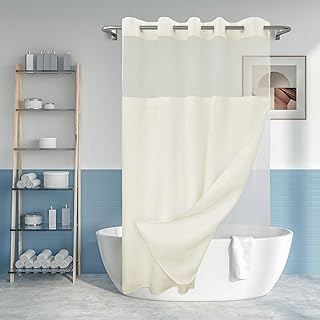 No Hook Slub Textured Shower Curtain with Snap-in PEVA Liner Set - 71" x 74"(72"), Hotel Style Cream Shower Curtain with Sheer Top Window, Water Repellent, Sand, W71xH72