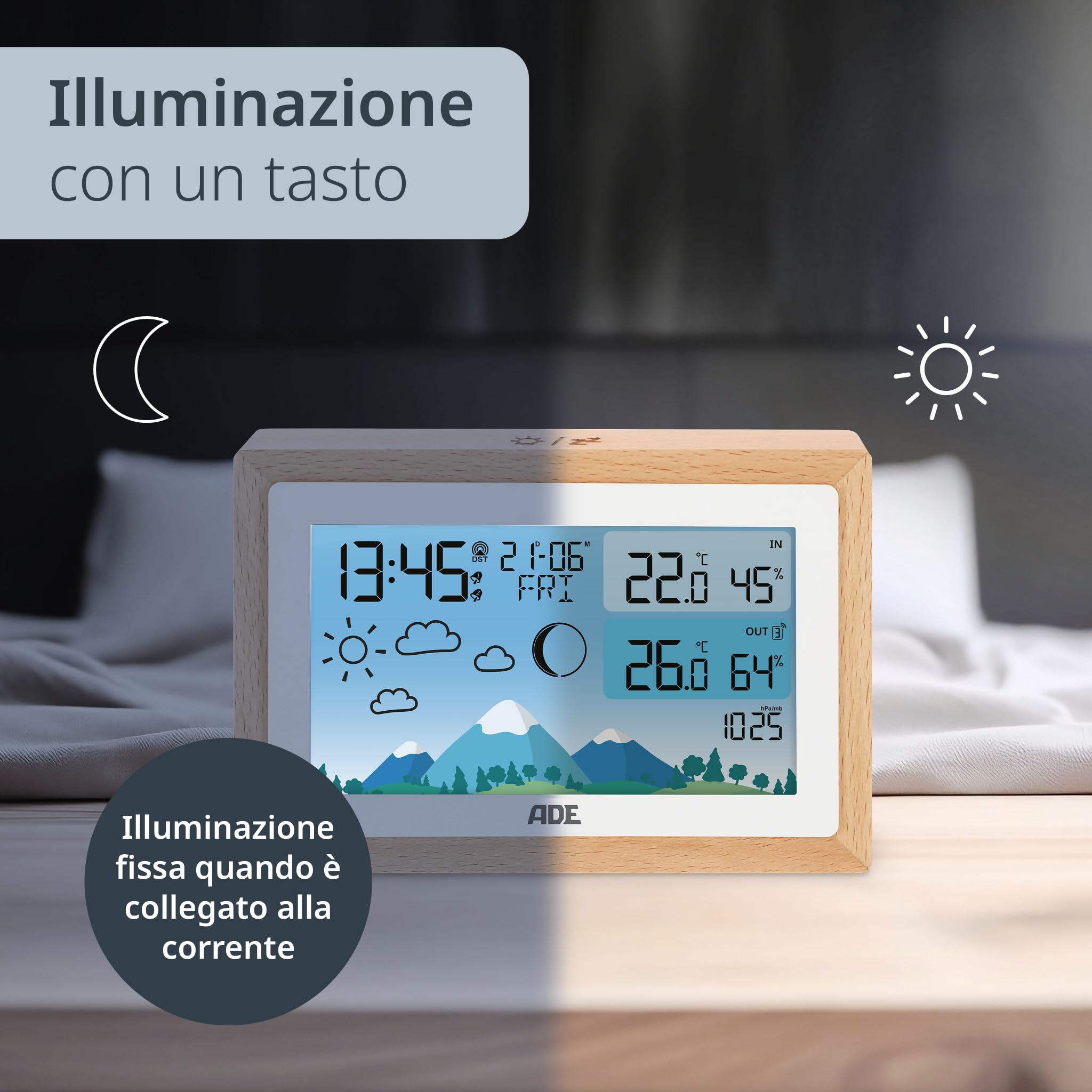 ADE Stazione meteo con sensore esterno | termometro ambiente | igrometro umidità casa | barometro | radiosveglia digitale da comodino | Batteria e adattatore di rete inclusi