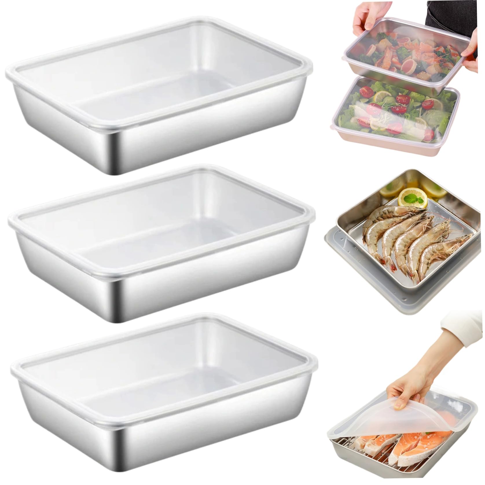 Set 3 Teglie Forno Con Coperchio 25x20x5cm - Acciaio Inossidabile Per Cucina E Frigorifero