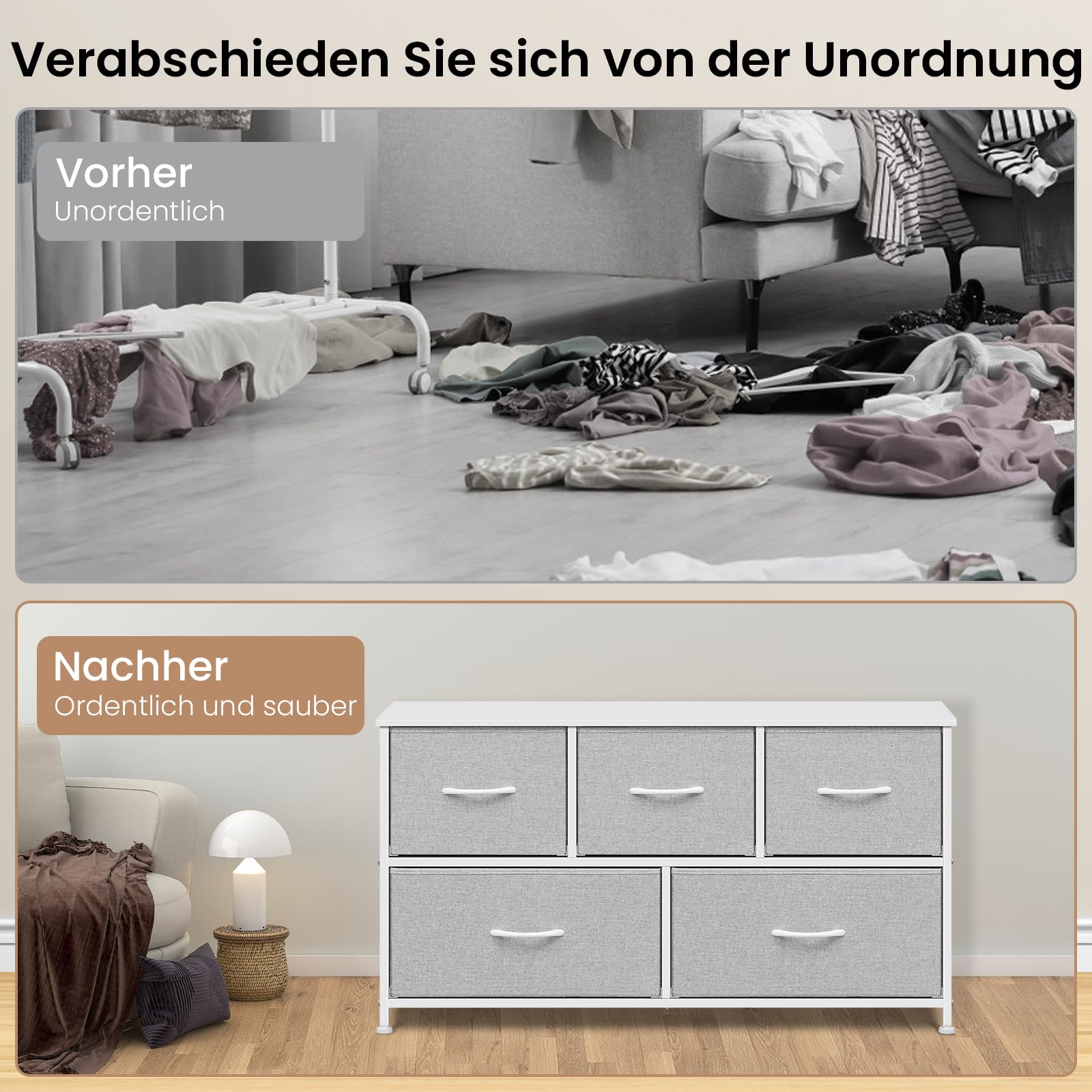 WOLTU Kommode mit 5 Schubladen aus Stoff, Kommodenschrank Sideboard TV-Schrank, für Wohnzimmer Schlafzimmer Flur, aus Metallrahmen Holzwerkstoff, Hellgrau+Weiß, SSK005hgws