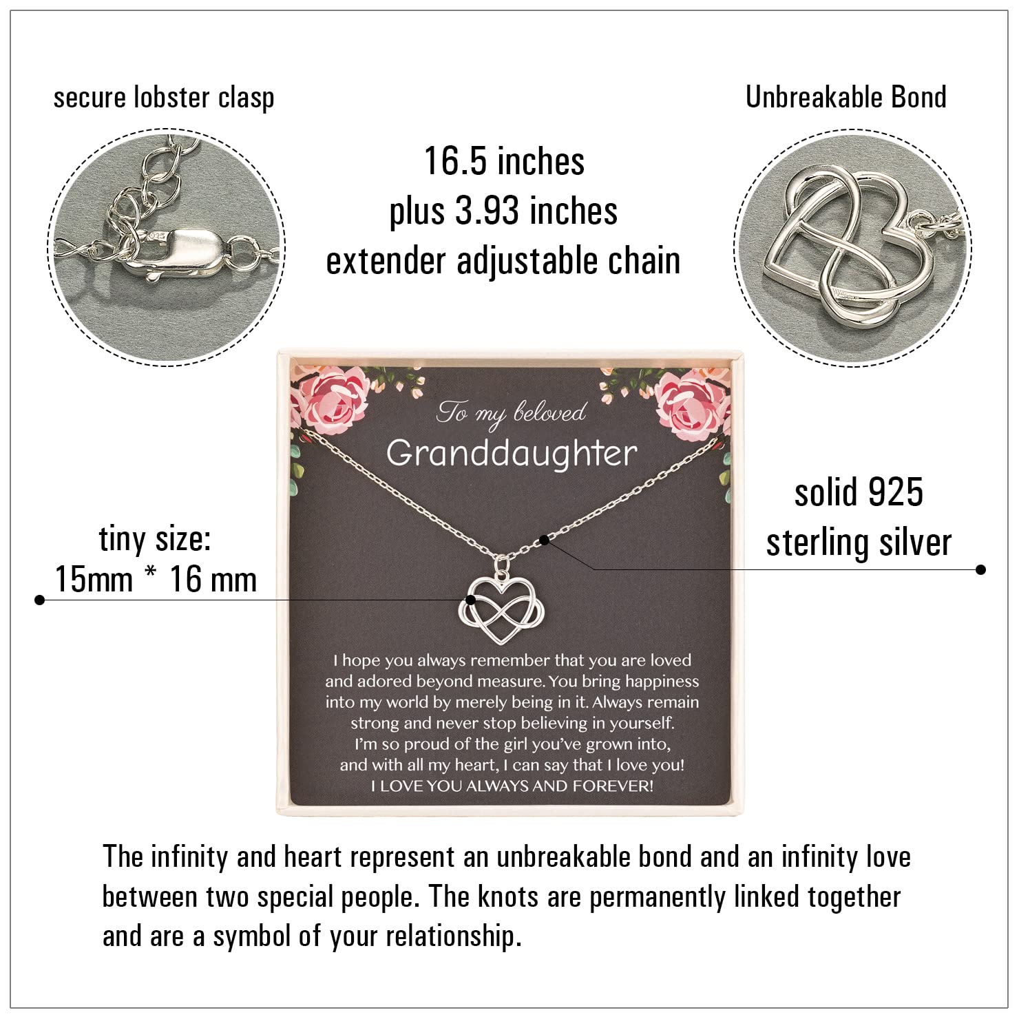 RareLove Granddaughter Necklace,Granddaughter Gifts from Grandma,925 Sterling Silver Tiny Infinity Heart Necklaces for Granddaughter,Birthday gift,Graduation Gift
