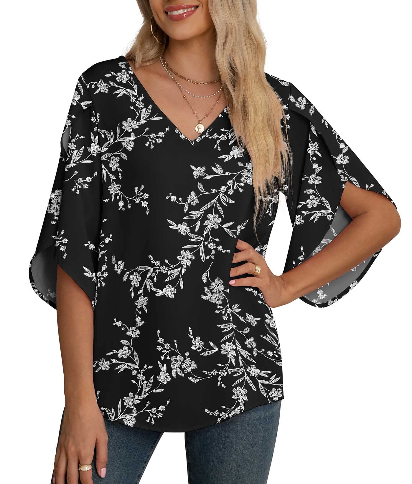 Yommay Damen Bluse Elegant V Ausschnitt Sommer T-Shirts Casual Leicht Chiffon Tunika Kurzarm Tops
