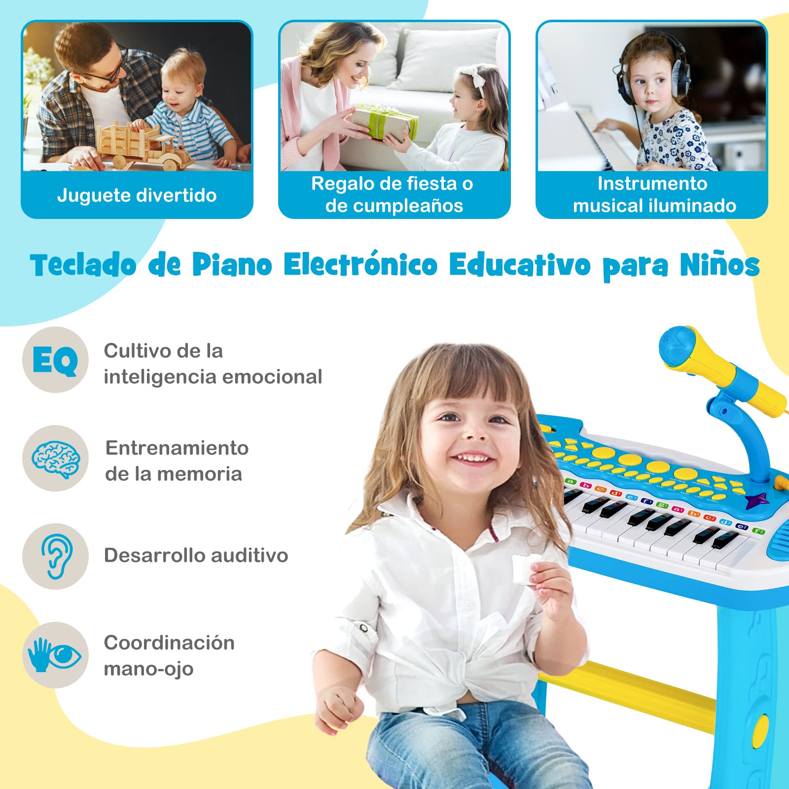 COSTWAY Teclado Piano Infantil de 31 Teclas, Juguete Musical Piano Infantil para Niños con Efectos de Luz, Múltiples Sonidos, Micrófono y Taburete, Órgano Electrónico Educativo para 3＋Niños (Azul)
