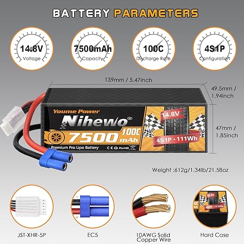 Miniatura 3 de Paquete de 2 baterías Lipo 4S, 14.8 V 7500 mAh Lipo Baterías Hardcase 100C EC5 Plug Compatible con Arrma E-flite 1/5 1/6 1/7 1/8 Escala RC Coche