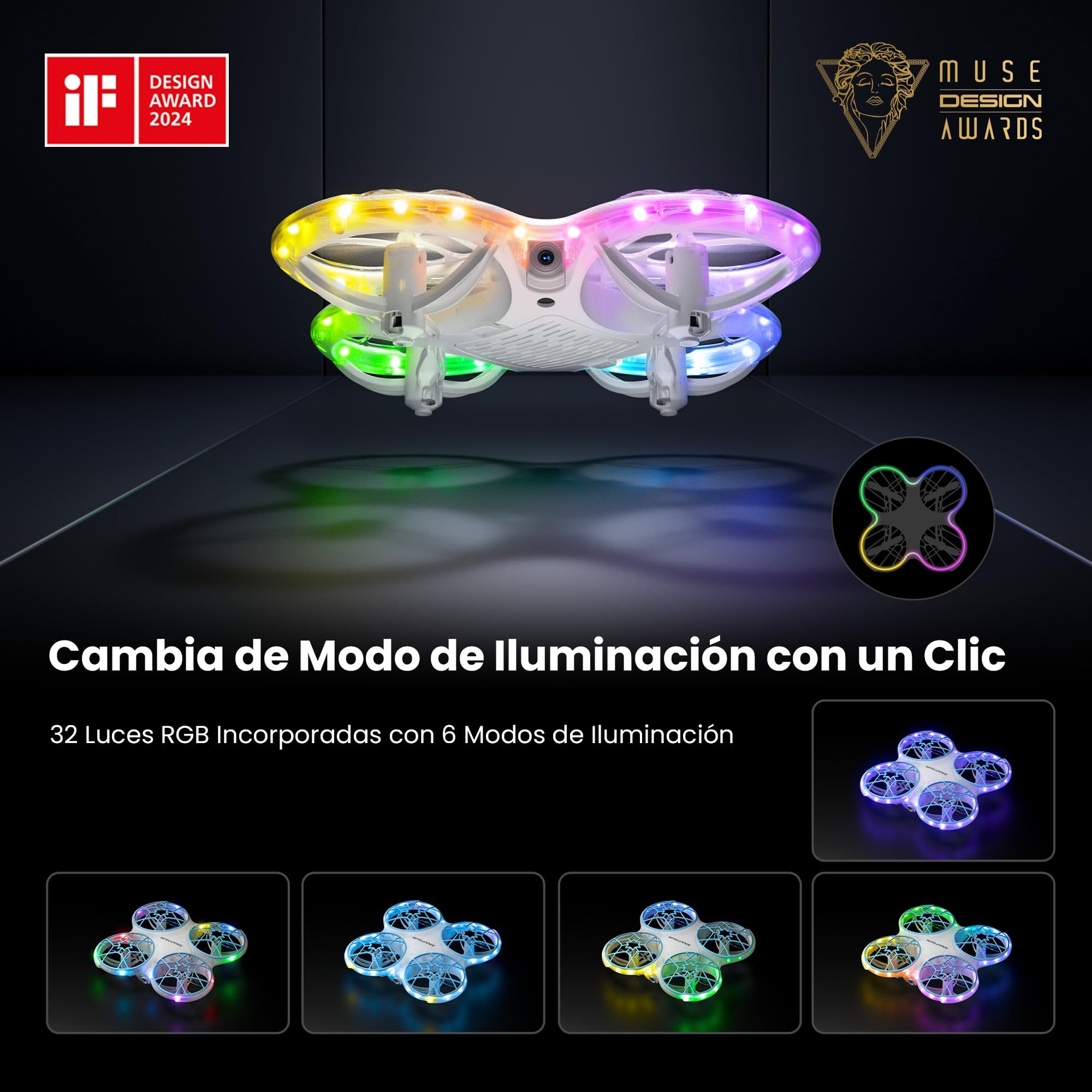 Ameta Morpho Dron para Niños con Camara 1080P, Mini Drone FPV con 32 Luces RGB/Vuelo en Círculo/ 3D Voltear/ 18min de Vuelo/Timbre Perdido, Juguetes Regalo para Niños Niñas, Menos de 250g