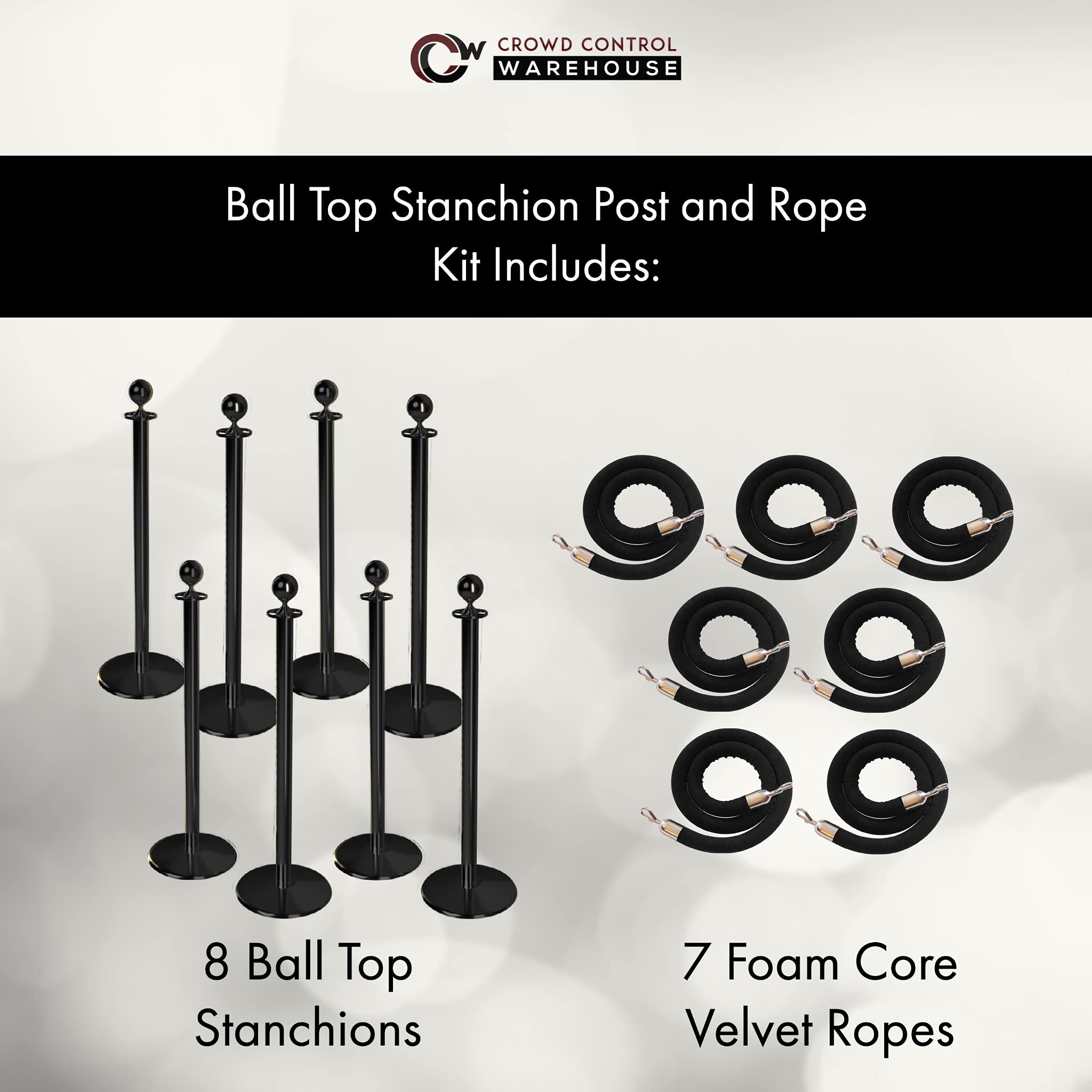 CCW Post and Rope Stanchion Kit with 8 Polished Brass Ball Top Posts and 7 Red Hanging Velvet Foam Core Ropes (6ft. Each) in Polished Brass Snap Ends
