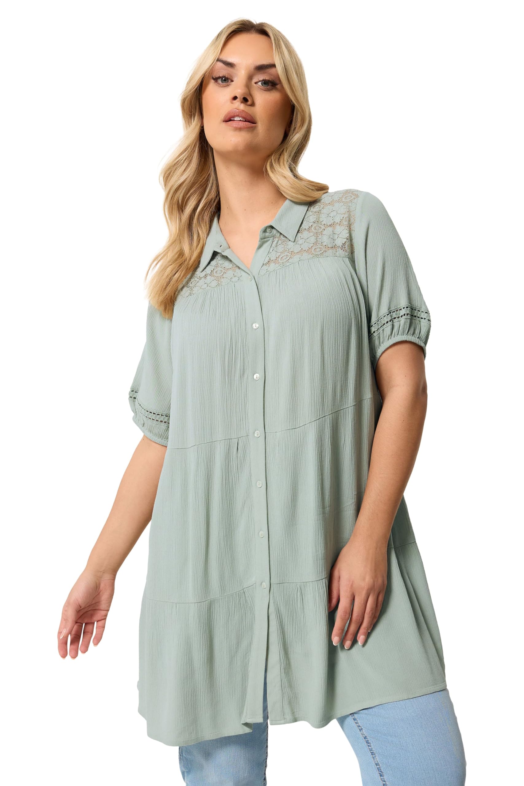 Yours Women's Light Green Curve Sage Green Tiered Shirt - Plus Size Curve