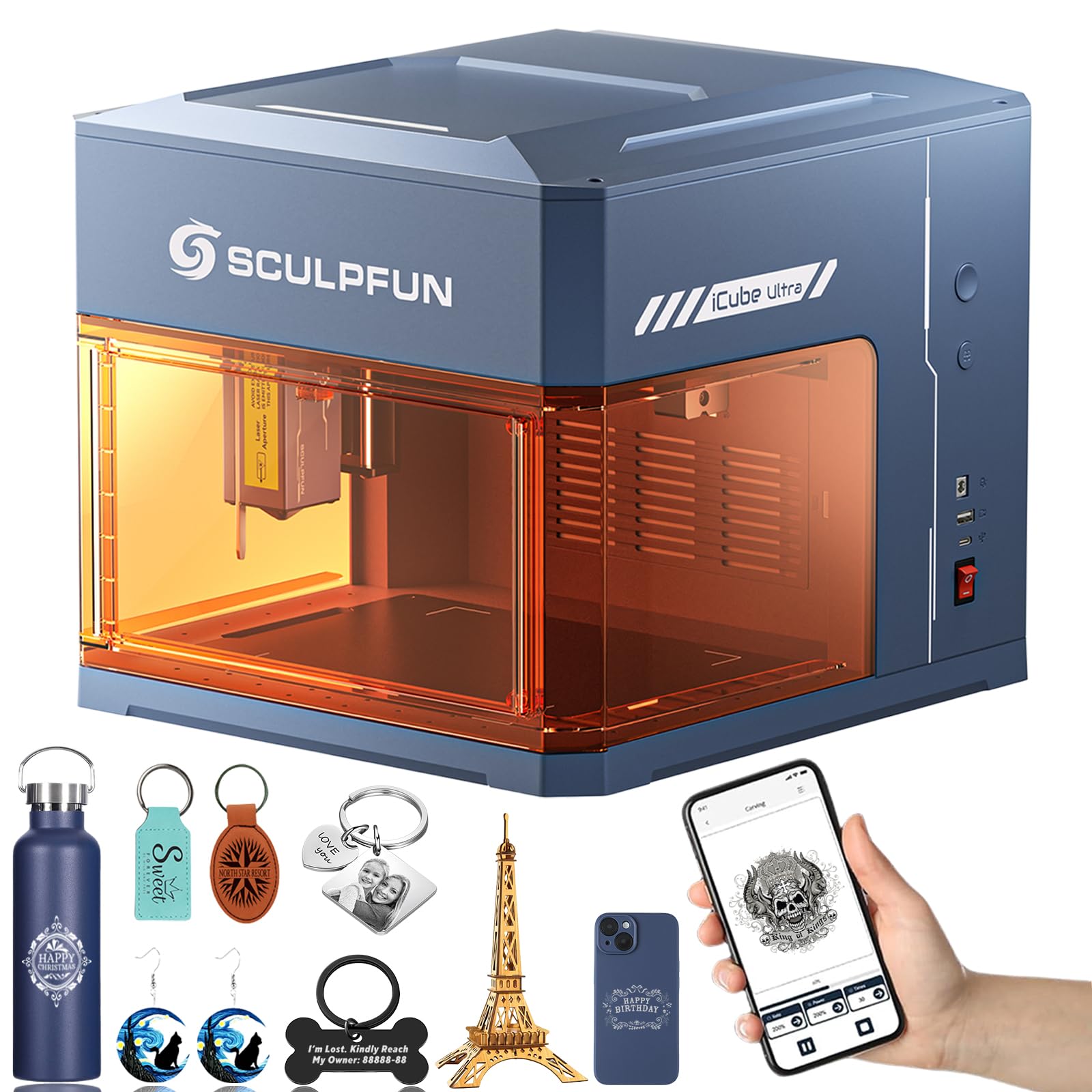 Leukoles Navy Sculpfun Icube Ultra Laser Engraver, 12000Mw Class 1 Laser Cutter With Smoke Filter, 150×135Mm Work Area, Fully Enclosed Engraving Machine For Wood, Acrylic, Leather, Coated Ceramic, Oxidized Metal