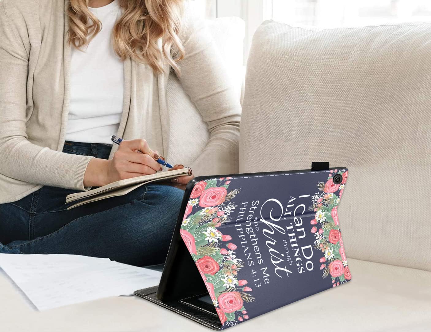 Case for Amazon Fire HD 10 Tablet 10.1 inch (9th/7th Generation, 2019/2017 Release), Premium PU Leather Cover with Card Slot & Pencil Holder, Floral Quote Bible Verse Philippians 4-13