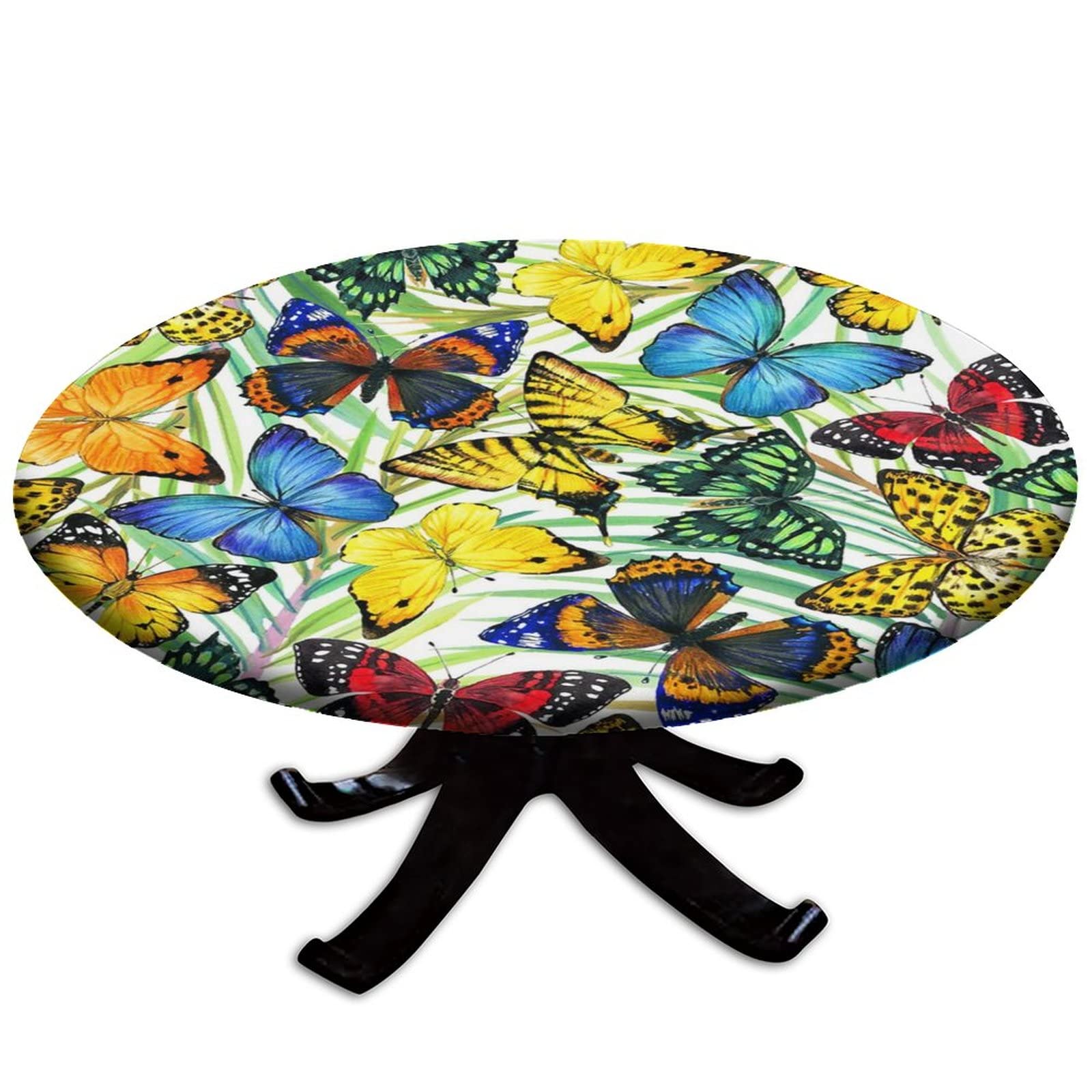 Cameon Butterfles Retro Fitted Round Tablecloths, Elastic Edged Waterproof Table Covers,Outdoor Indoor Table Decor, for Party Kitchen Patio Restaurant Farm Table Cloth Mat,Fit for 28" Table