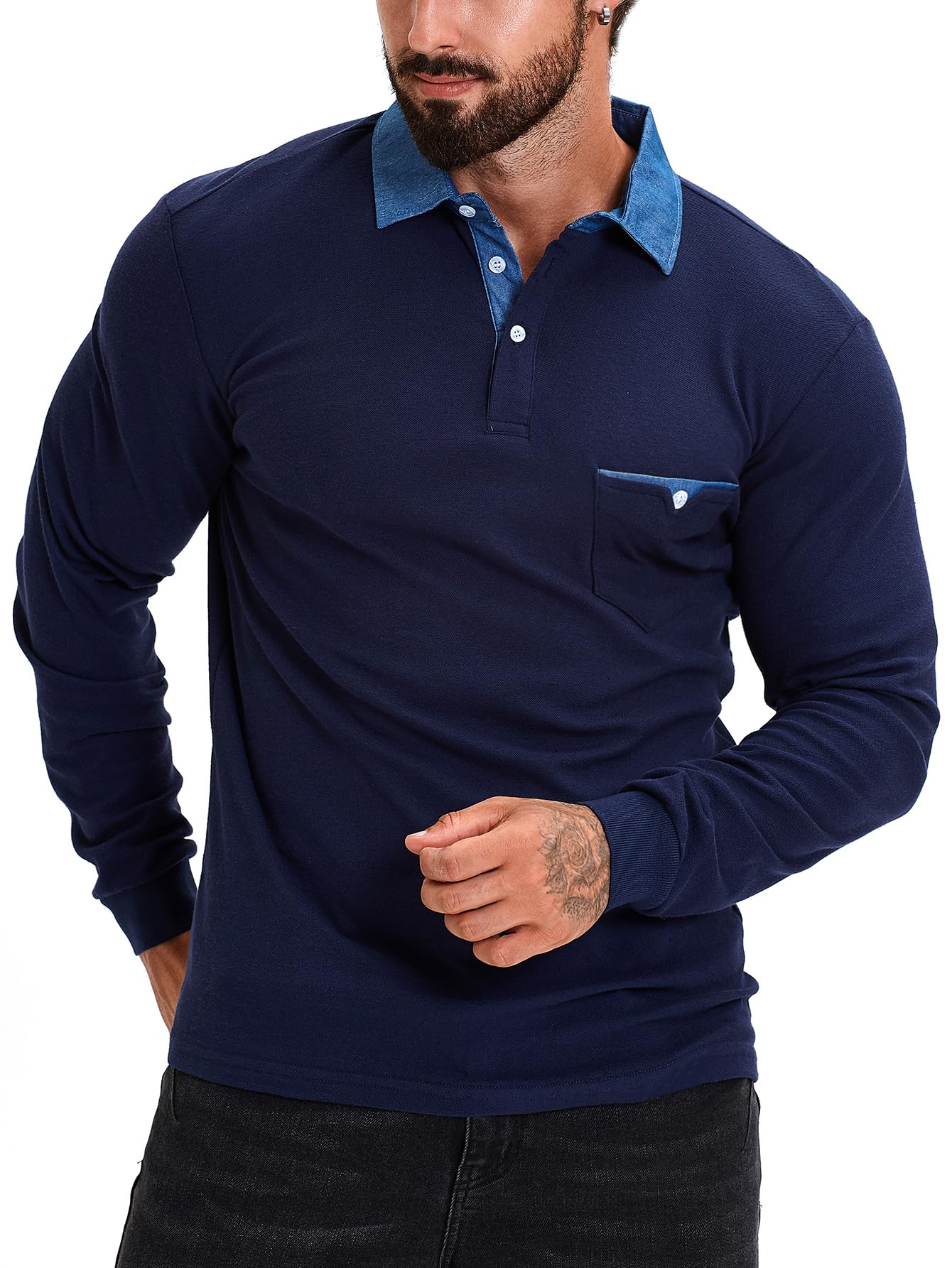 KUNJLELP Polo Camicia Uomo Manica Lunga Maglietta con Colletto in Denim Casuale Cotton Inverno Golf T-Shirt