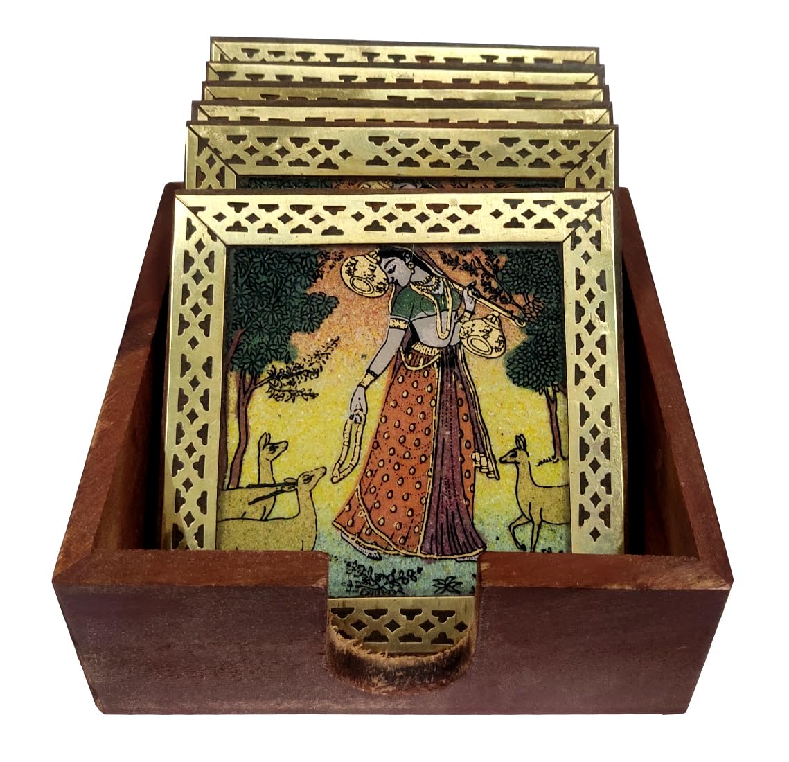 Purpledip Pinewood Gemstone Coasters (Set of 6): Ragini, Indian Rajasthani Belle (10716B) 1