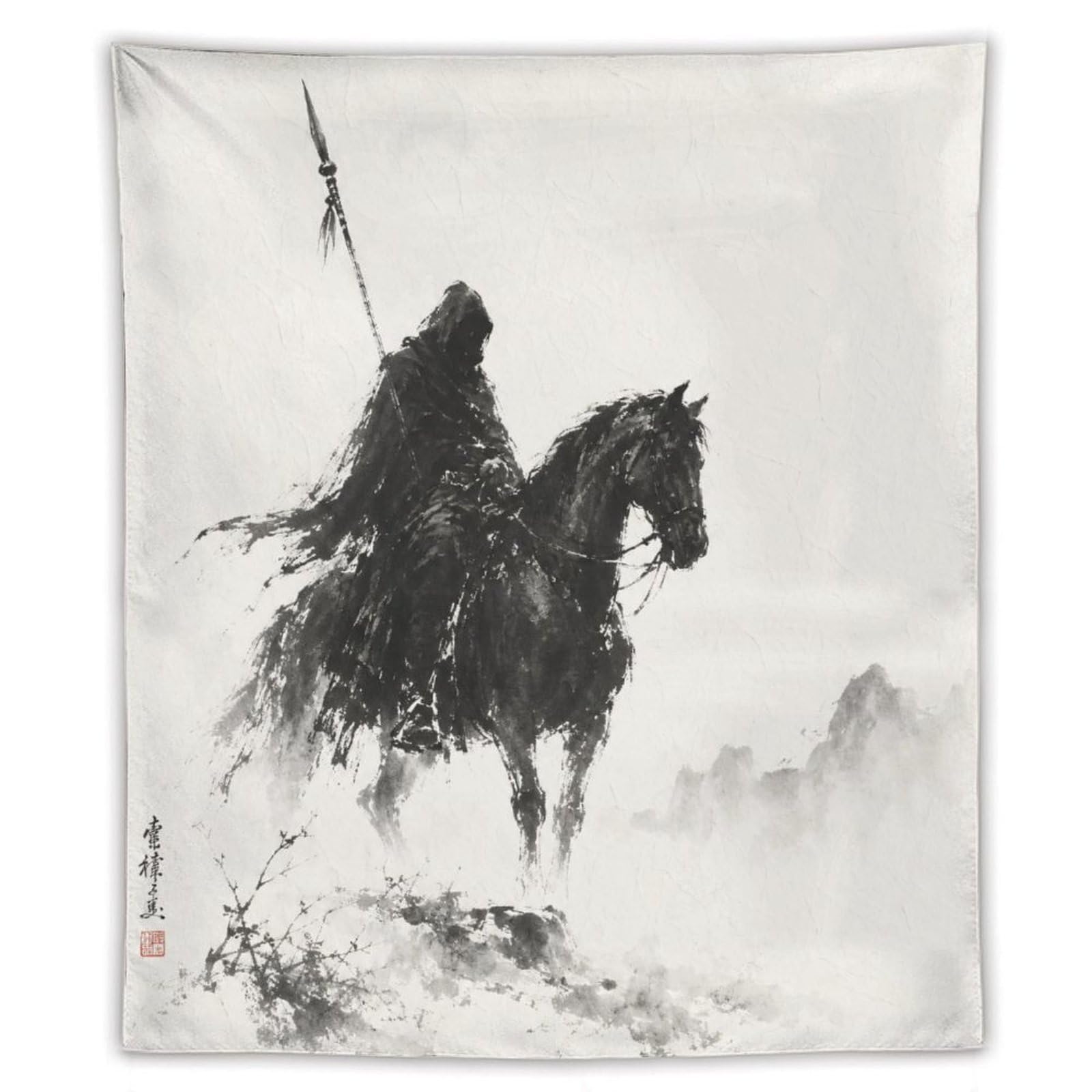 W7C8U2X3 Horseman Ink Silhouette Wall Tapestry, Asian Ink, Entryway