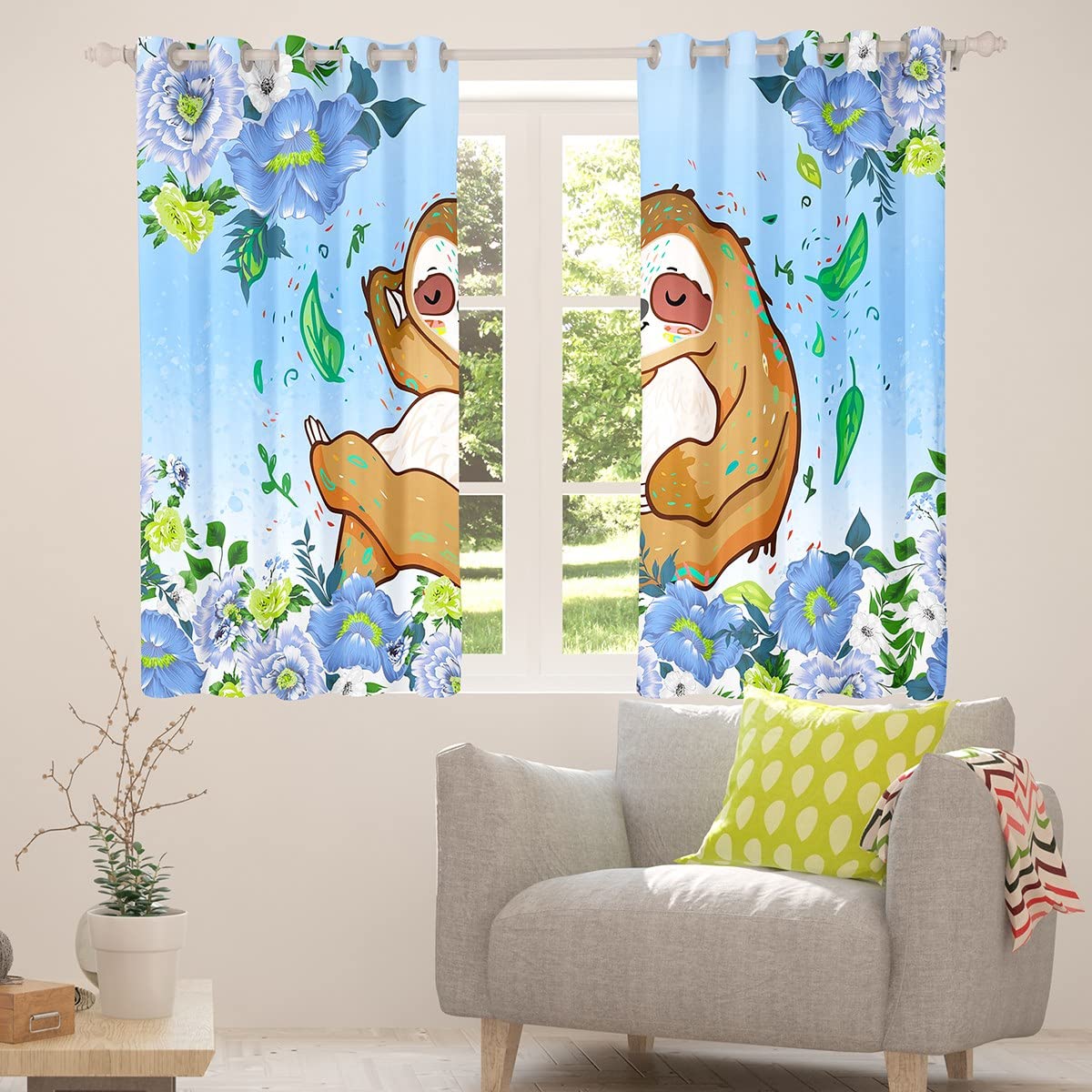 Śliczny leniwiec zaciemniające zasłony okienne kawaii zwierzę zasłona do sypialni kreskówka uroczy niebieski leniwiec kwiatowy wzór zasłony zaciemniające (30%-50%) pokój szer. 52 * dł. 63