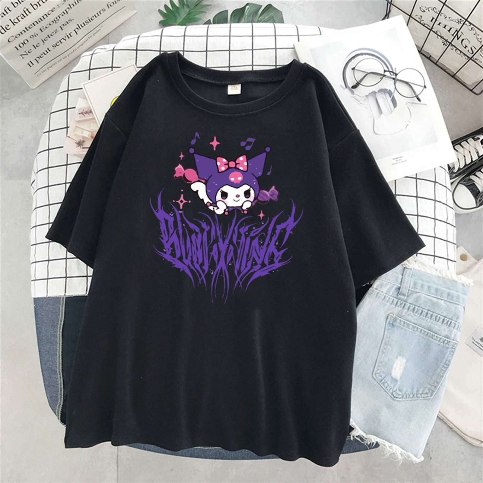 Harajuku cartoon gothic print short sleeve Kuromi T-shirt women tops Summer streetwear O-neck sweet girls tee shirt Kawaii Short Sleeve