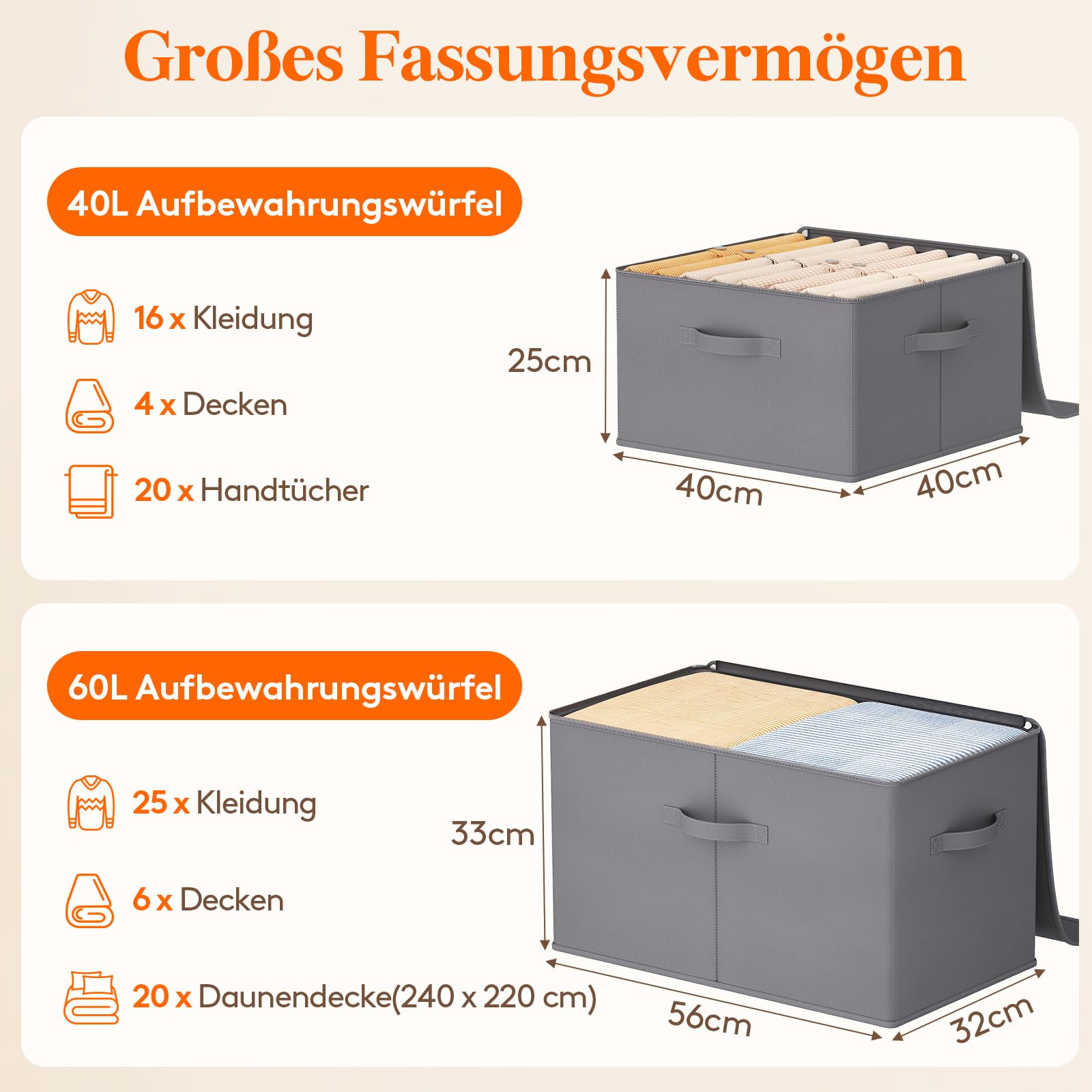 Lifewit 60L Aufbewahrungsbox mit Deckel, 6er-Pack Stoffbox mit Griff, Grau | Faltbare Schrank Organizer, Aufbewahrung für Kleidung, Vliesstoff, 56 x 32 x 33 cm