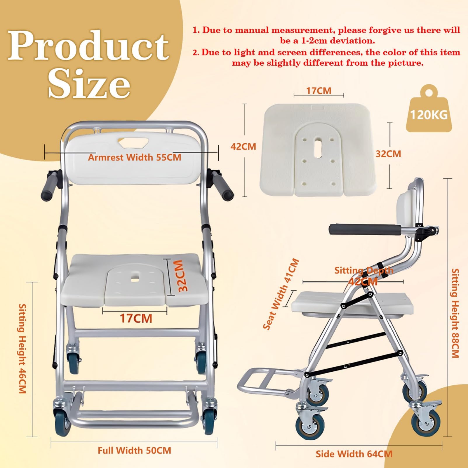 Silla para Ducha para Personas Mayores, 3 en 1 Silla de Ducha con Ruedas Plegable, Sillas con Ruedas para Ducha/Móvil/Inodoro con Frenos, Carga 120kg