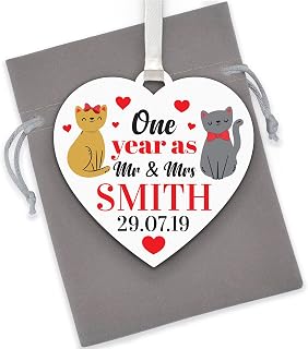 Wedding Anniversary Gifts for Husband or Wife PERSONALISED Cat Couples Anniversary Gifts - One Year As Mr and Mrs - Custom 1st, 2nd, 10th, 25th, 30th Wedding Anniversary Presents - With Grey Bag
