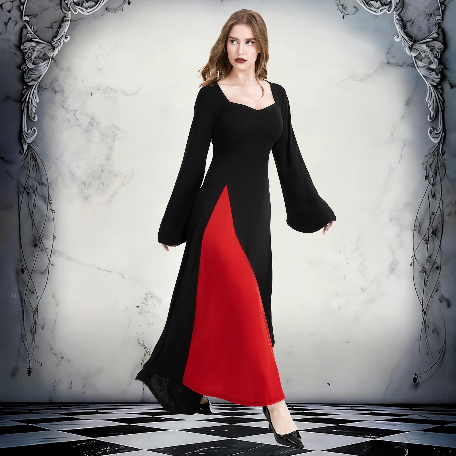 JDFAIJEAL Women's Gothic Vampire Dress, Black Long Sleeve Maxi Dress with Red Lining - Image 3