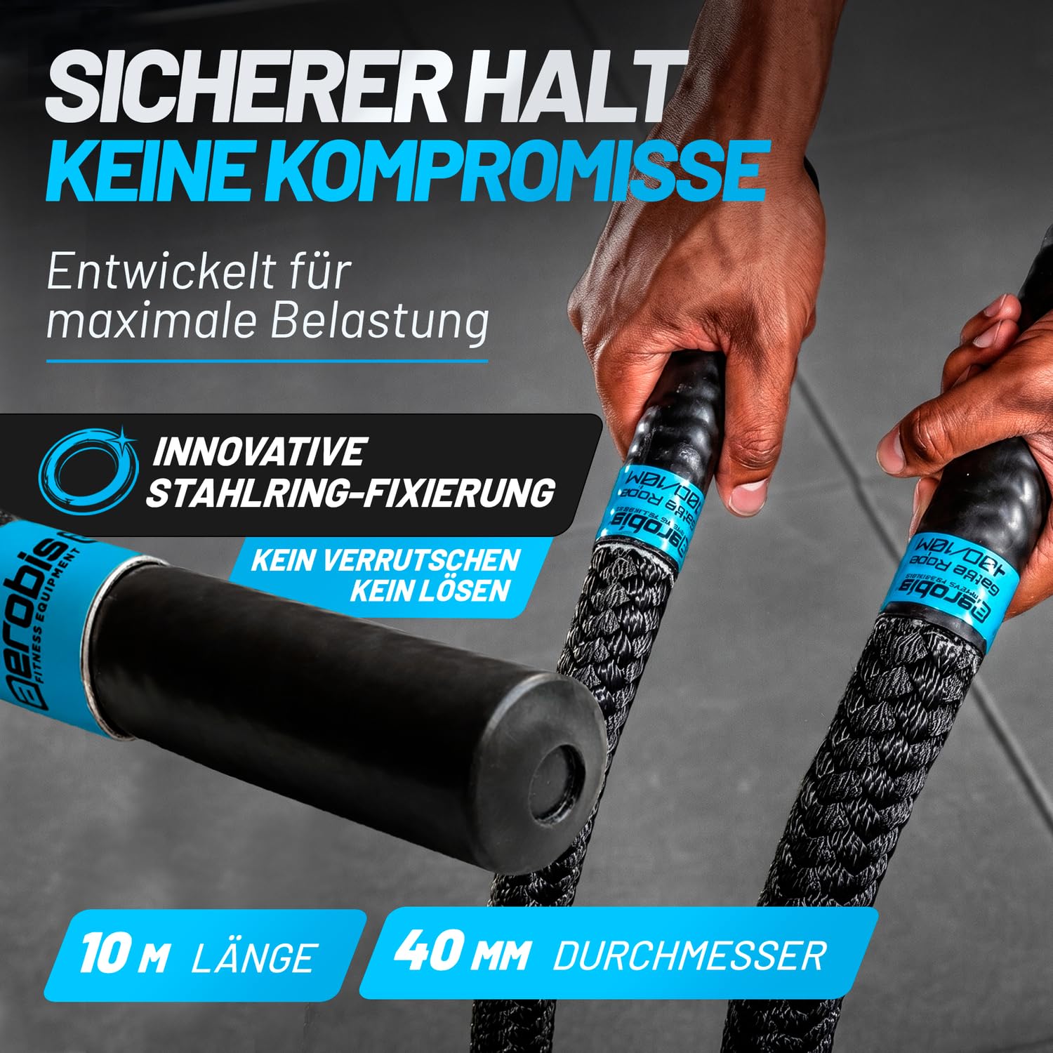 aerobis® Battle Ropes 30-40mm Durchmesser und 10-15m Länge inkl. Wandanker | Wetterfestes Trainingsseil | Videoanleitung & Trainingsplan