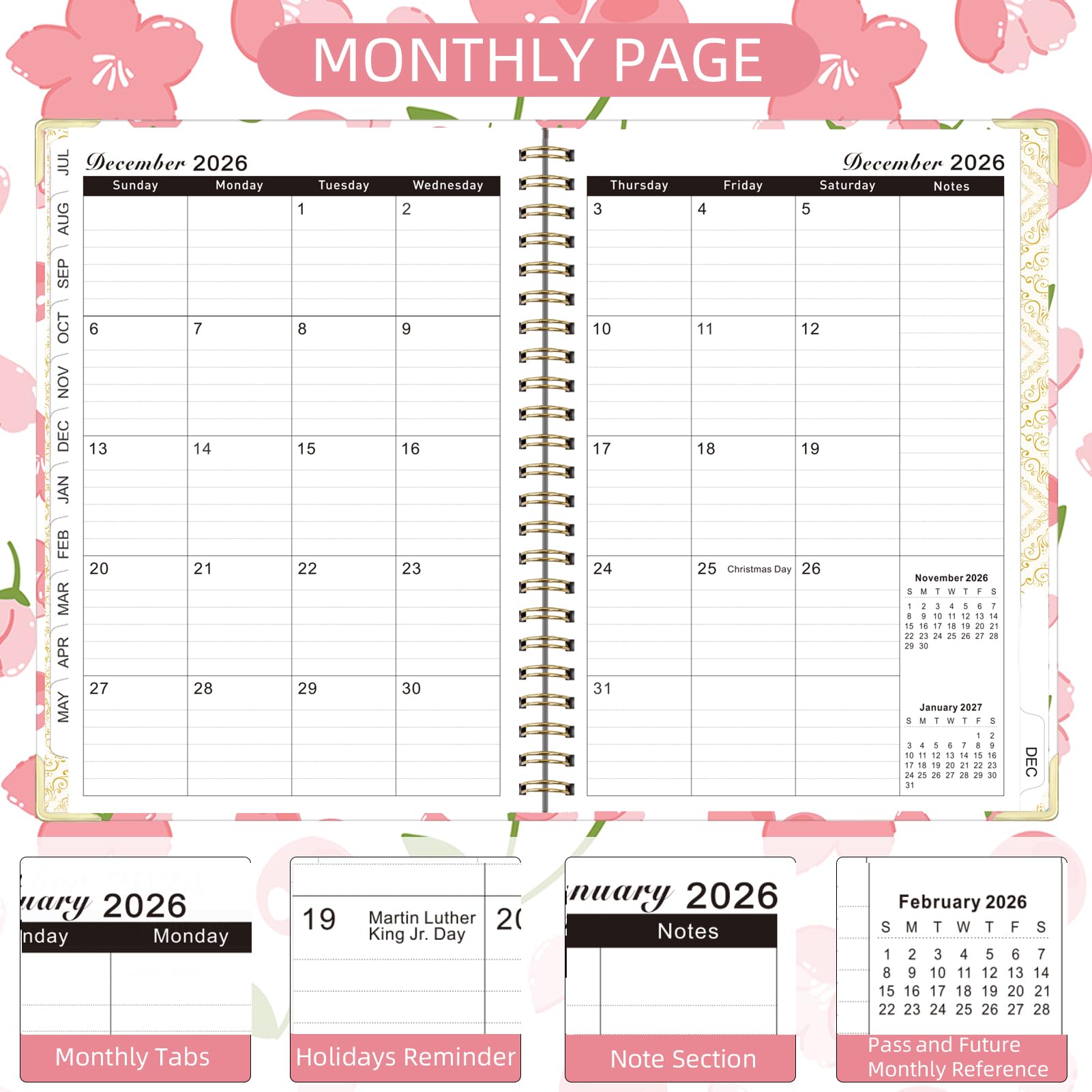 Knagsfa 2026 Monthly Planner, Jan.2026 - Dec.2026 Weekly Monthly Planner 6.25"x8.5" with Page Tabs, Calendar Hardcover with Inner Pocket, Elastic Band, Twin-Wire Binding, Bookmark, Sakura Cherry - Image 3