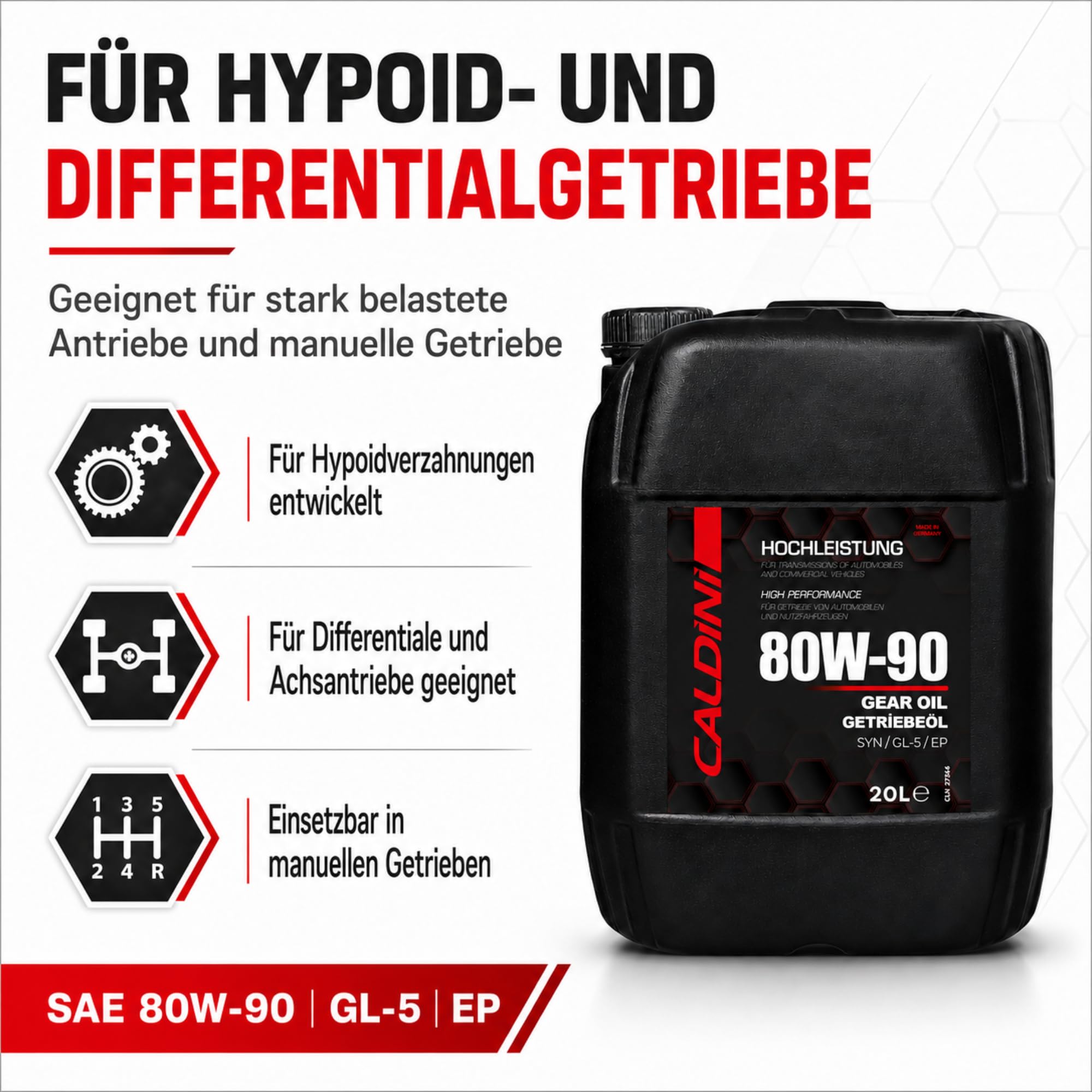 Caldini SAE 80W-90 Hypoid Getriebeöl GL-5, 20 Liter, mineralisches Mehrbereichsöl für Schaltgetriebe, Achsen, Differentiale und Hypoidantriebe, MIL-L 2105 D, Made in Germany