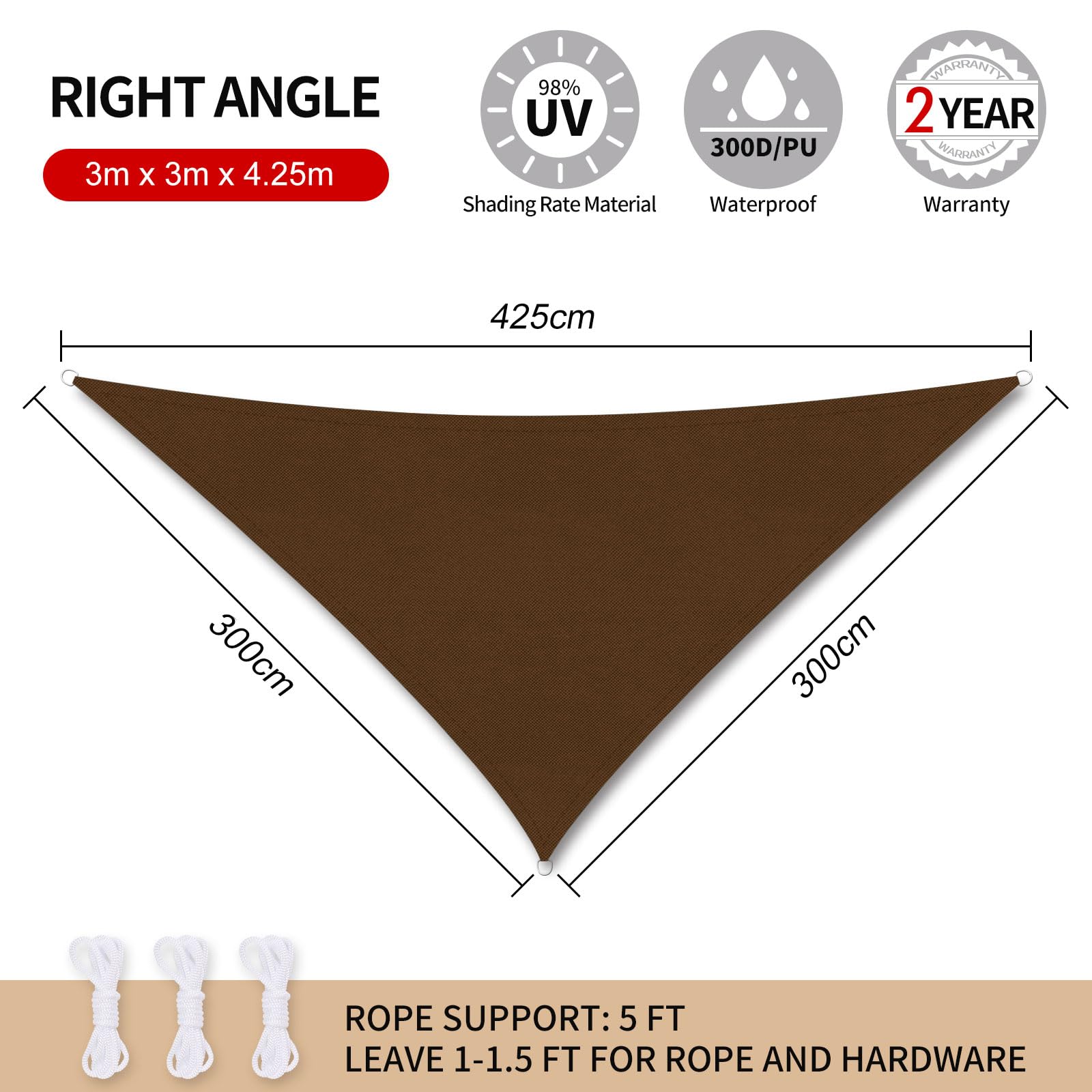 RICHIE Sun Shade Sail Triangle 3x3x4.25m Waterproof, 98% UV Block Awnings for Patios with Free Rope Sunscreen Awning Canopy - Image 2