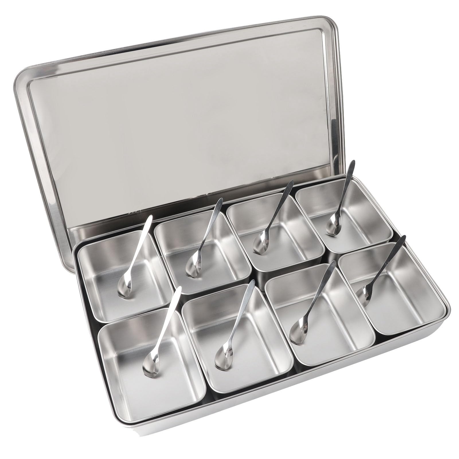 Hapivida Stainless Steel Seasoning Box, 8 Compartment Condiment Server with Lid Food Serving Display Container Serving Tray Large Capacity Kitchen Storage