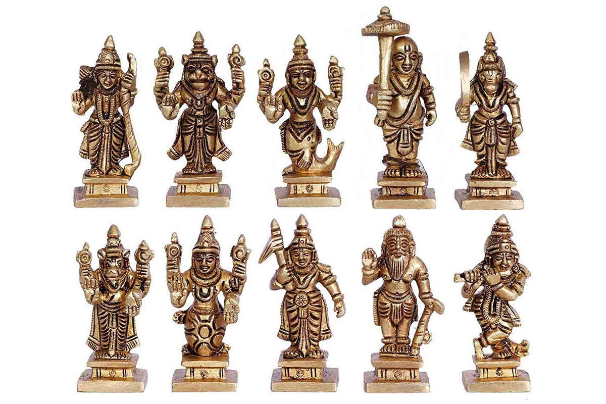 AONA Lord Vishnu Dashavatar Decorative Idols - (Brass, Height 2.5")