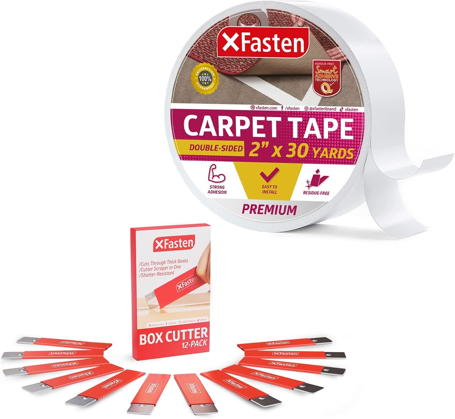 XFasten Double Sided Carpet Tape, 2 Inches x 30 Yards Bundle with