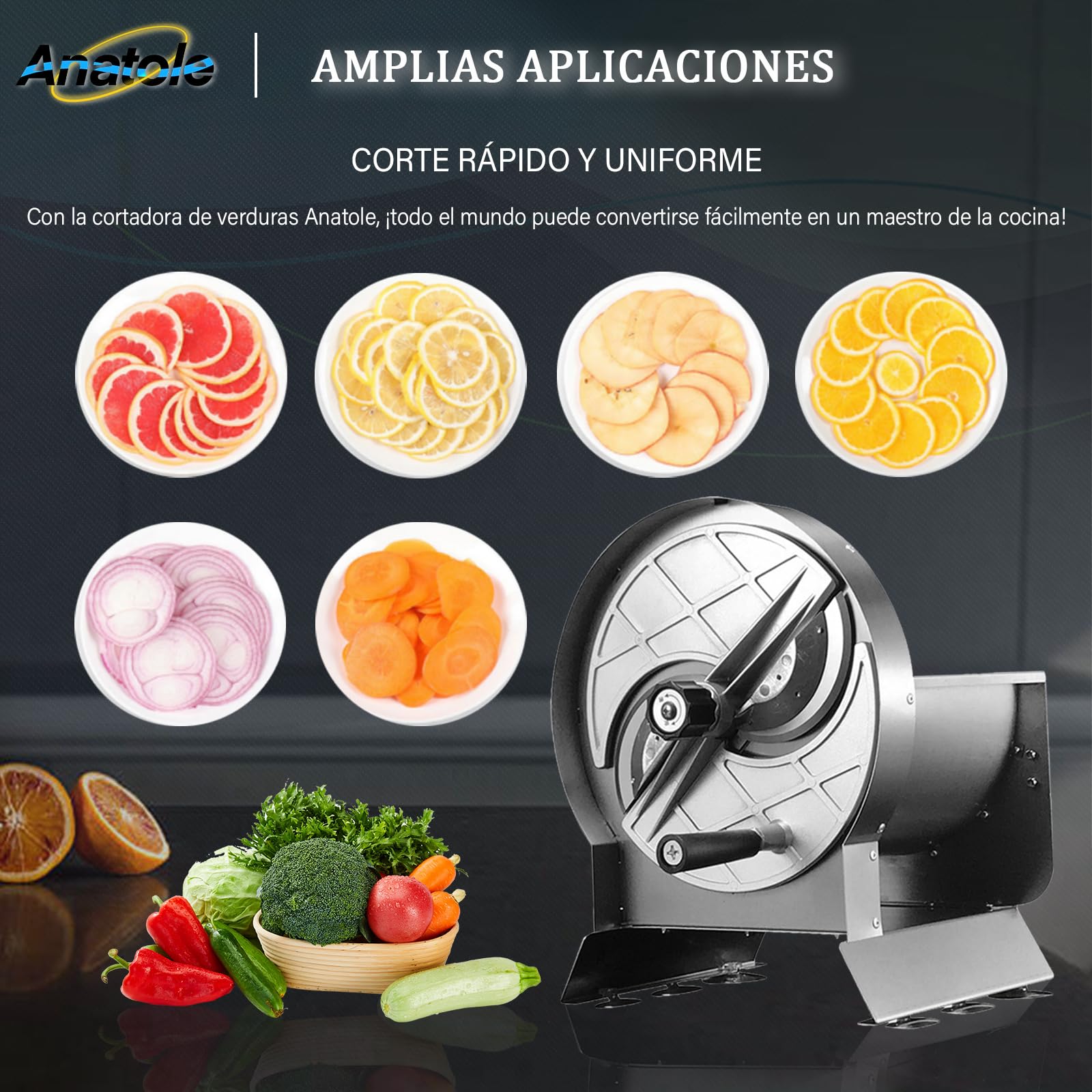 Anatole Cortador de Verduras en Rodajas de Acero Inox Profesional 0-13mm | Espesor Ajustable, 6 Ventosas, Rebanadora Manual para Patatas Cebolla Zanahoria Repollo Frutas Limón Naranja Restaurante Casa