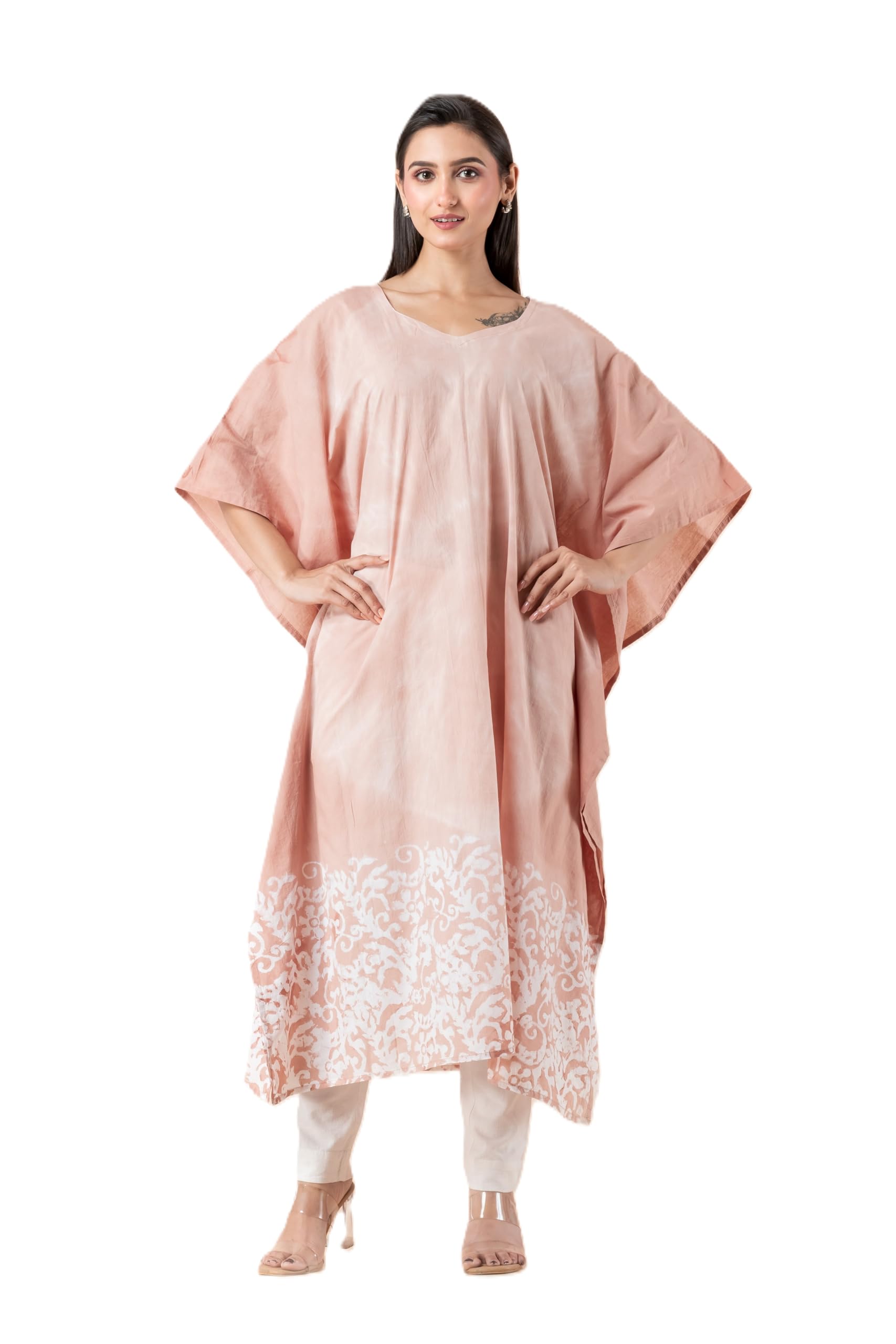 jalpaibon Women’s Printed Cotton Kaftan Dress | Loose Fit Lounge Wear | V-Neck Casual Maxi Nightwear with Drawstring Waist-JKF-26-03-3 Peach-picture-9