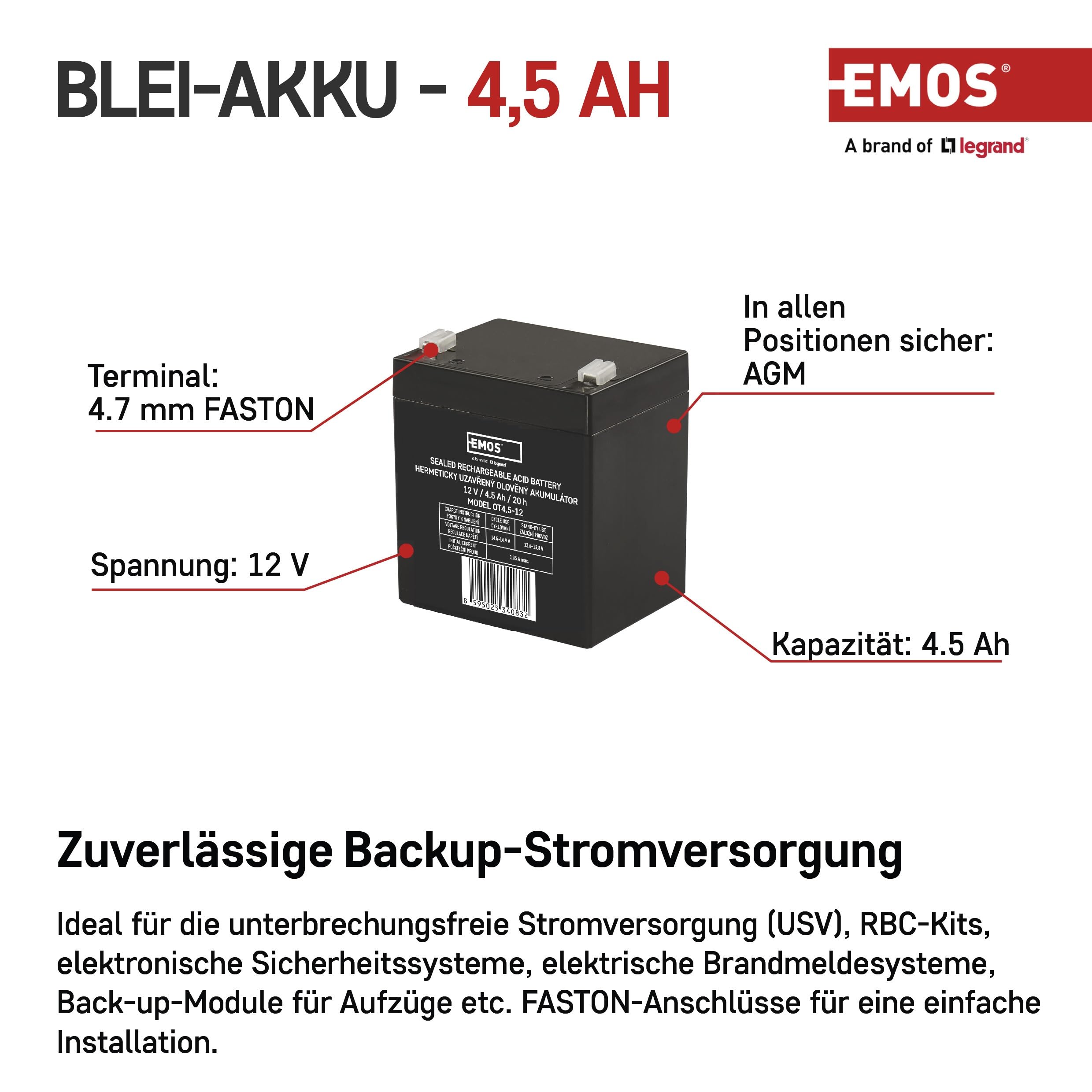 EMOS - Batteria al piombo senza manutenzione - 12V 4,5Ah - Batteria AGM - Connettore Faston 4,7mm - Per illuminazione di emergenza, sistemi di allarme, tecnologia di rilevamento incendi, UPS