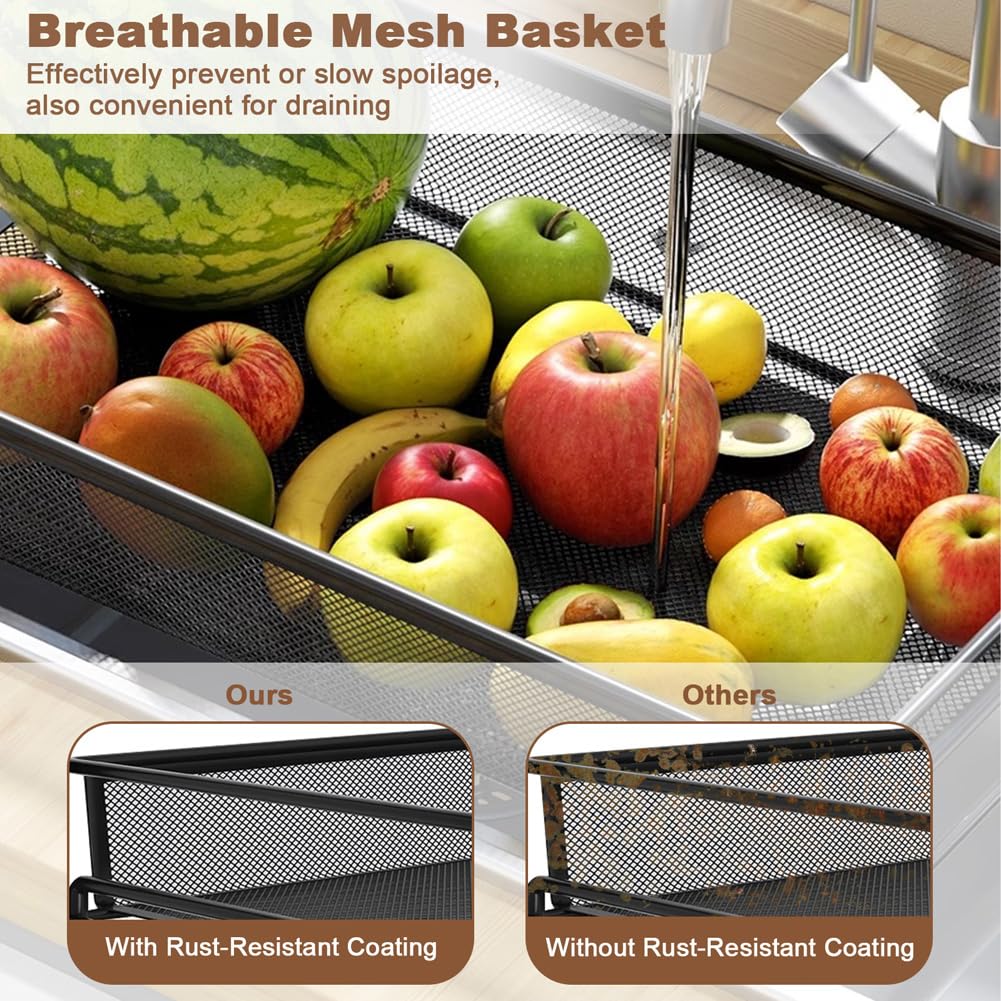 Carro de Almacenaje Rodante 5 Niveles para Despensa, Estructura de Acero con Cesta de Malla Apilables y Ganchos - Estantería Portátil con Ruedas para Cocina, Oficina,Negro