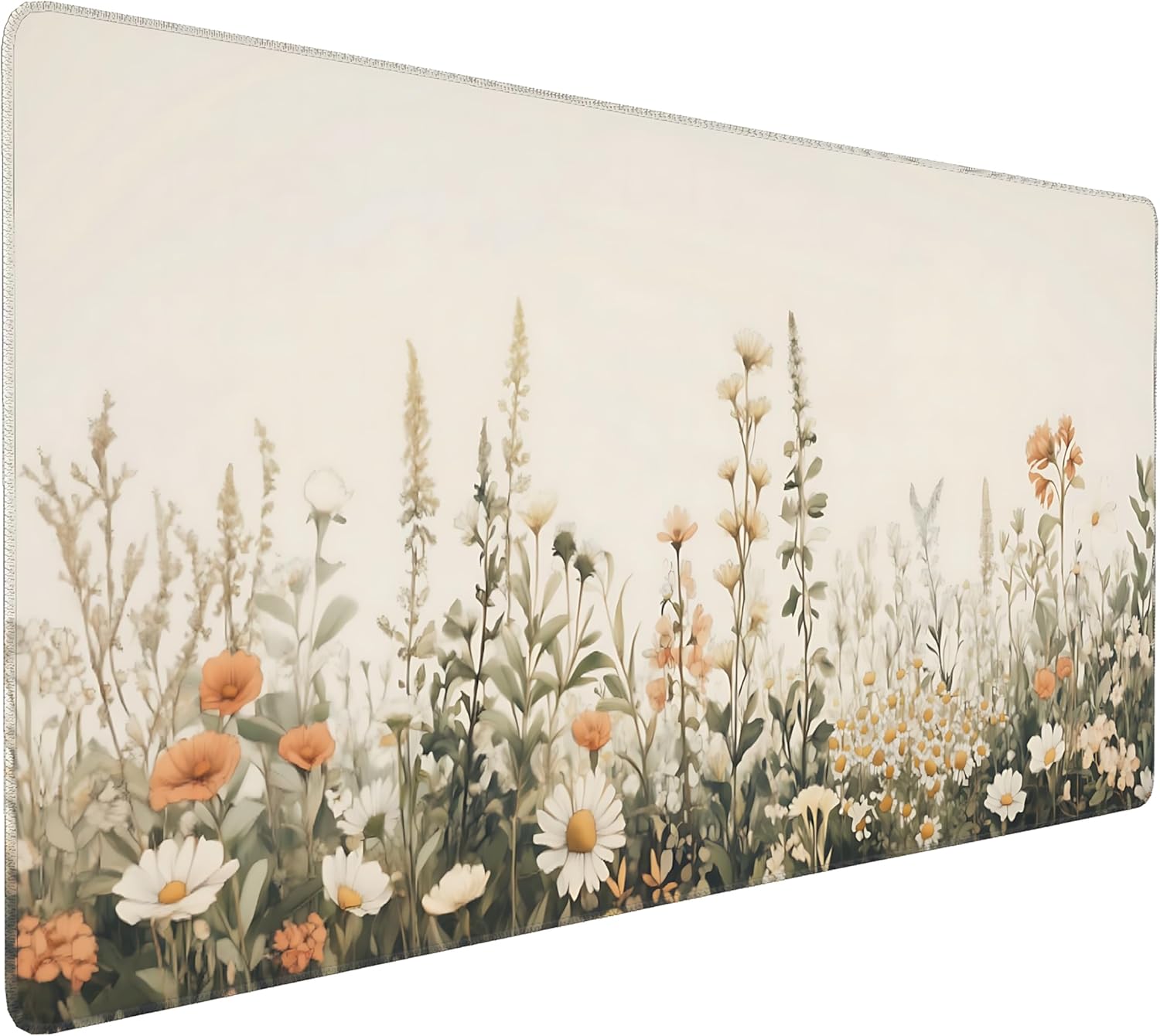 Floral Aesthetic Wildflower Gaming Mouse Pad, Beige Vintage Botanical Desk Mat with Anti-Slip Base & Stitched Edges, Office & Home Desk Decor for Women, 35.4" x 15.7" in Computer Desktop Mat