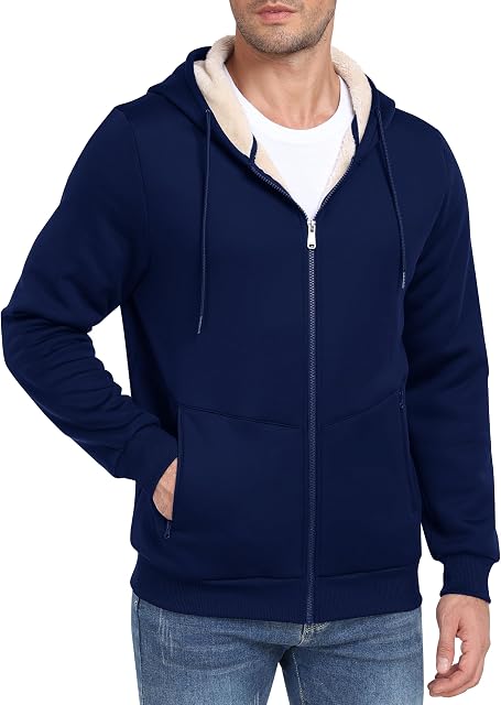 MoFiz Mens Full Zip Fleece Jacket Sherpa Lined Hoodie Jacket Warm Coat with Zipper Pocket