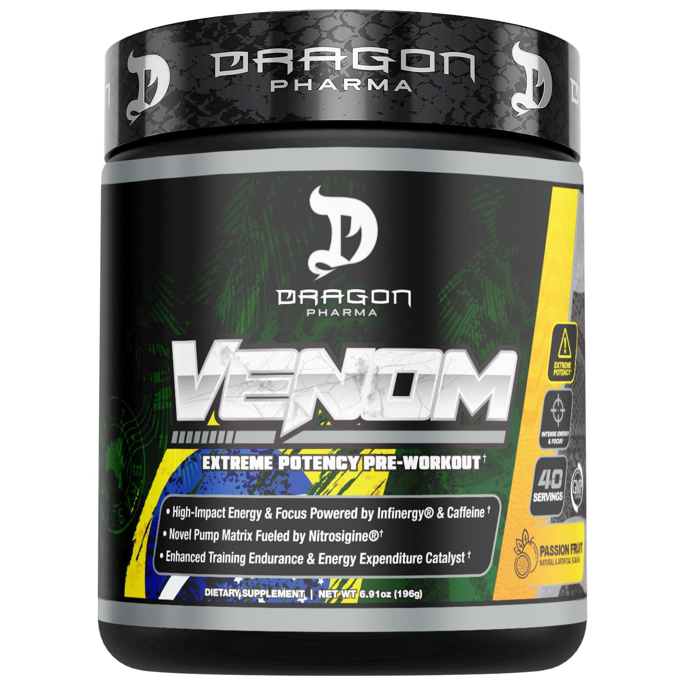DRAGON PHARMAVenom Extreme Potency Pre-Workout, Laser Sharp Focus + Energy, Intense Performance, Proven Ingredients for Enhanced Vasodilation & Endurance (40 Servings, Passion Fruit)