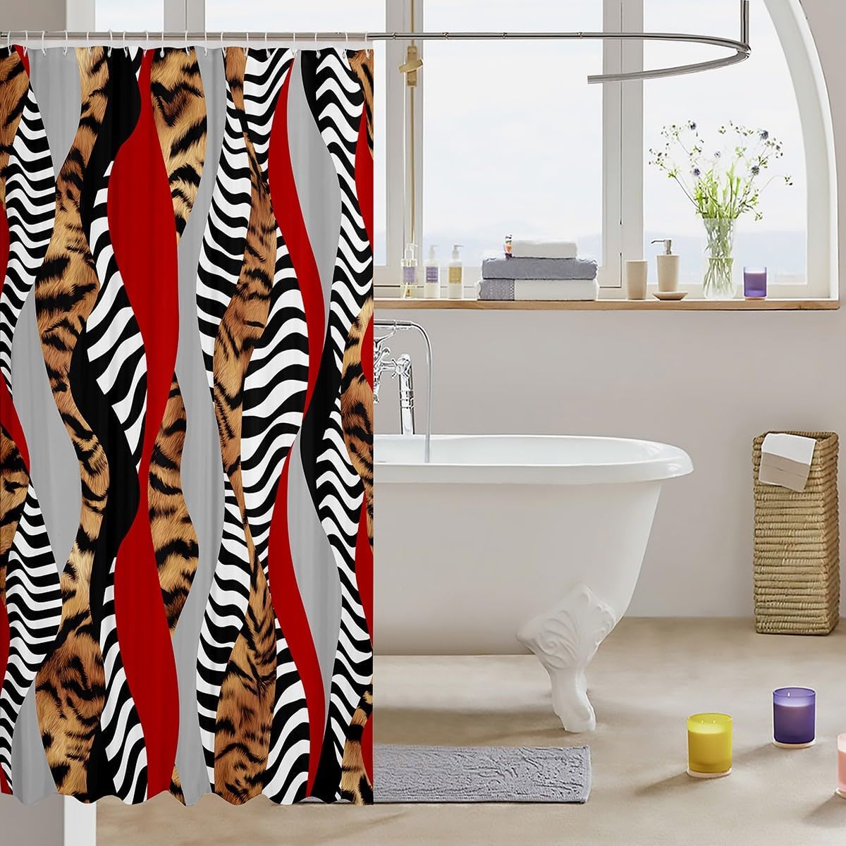 Feelyou Tiger Shower Curtain 72"x78" Kids Zebra Bathroom Shower Curtain Set for Boys Girls Teens Geometric Bath Curtain Animal Print Bathroom Accessories Cow Fur